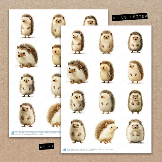 A4 and US Letter format comparison showing Cute Little Hedgehog fussy cut pages for print and cut crafting