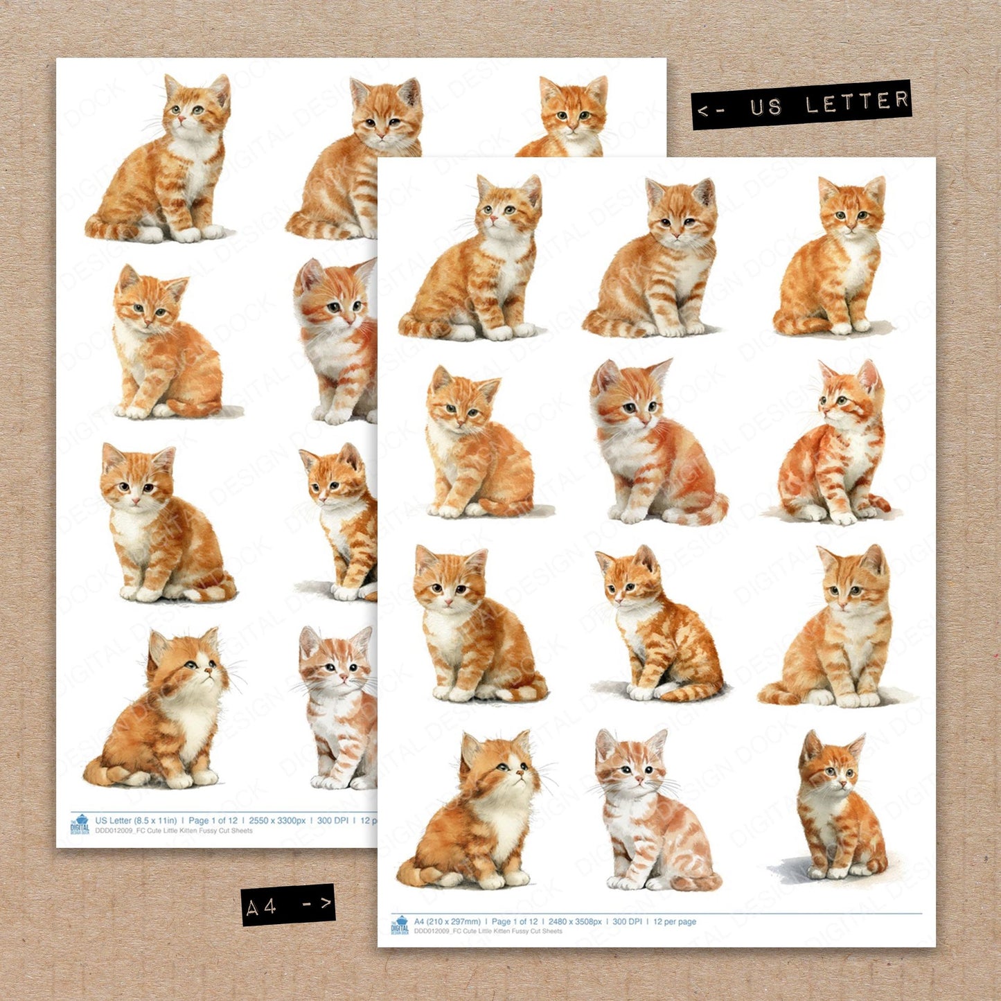 A4 and US Letter format comparison showing Cute Little Kitten fussy cut pages for print and cut crafting