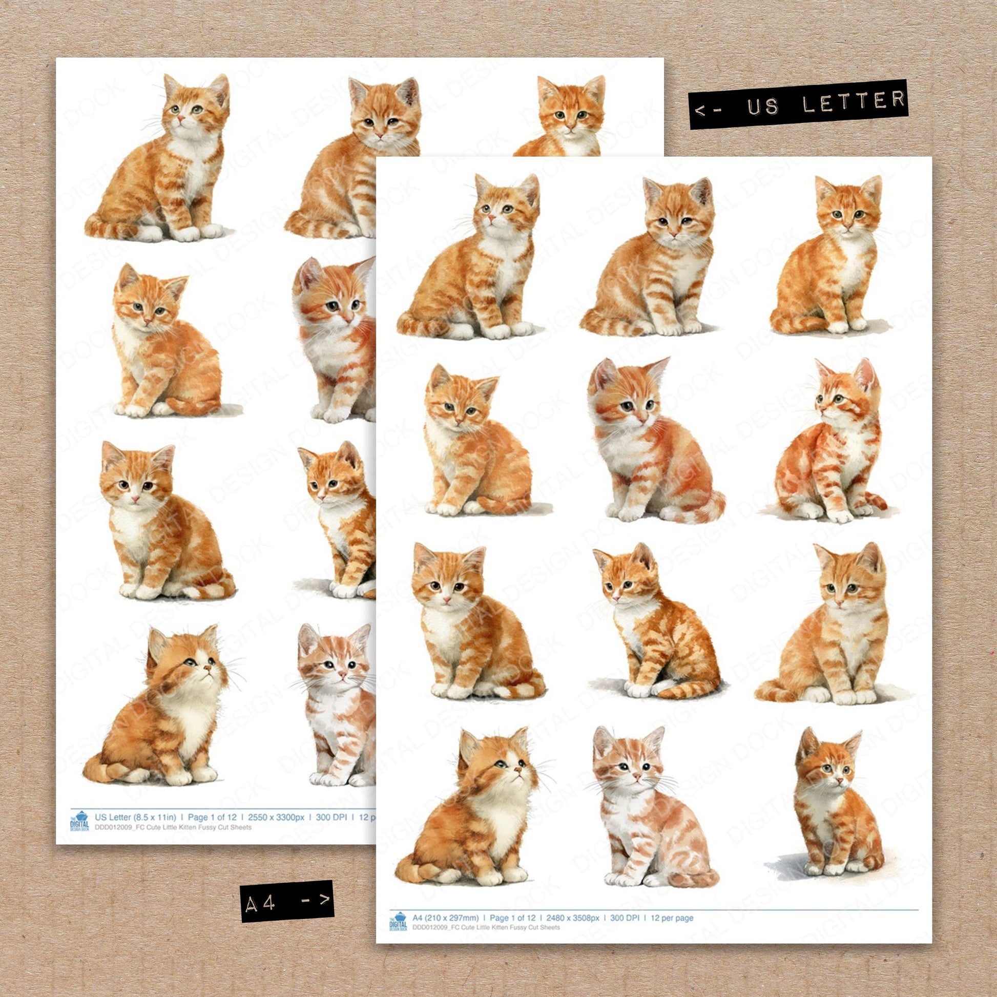 A4 and US Letter format comparison showing Cute Little Kitten fussy cut pages for print and cut crafting
