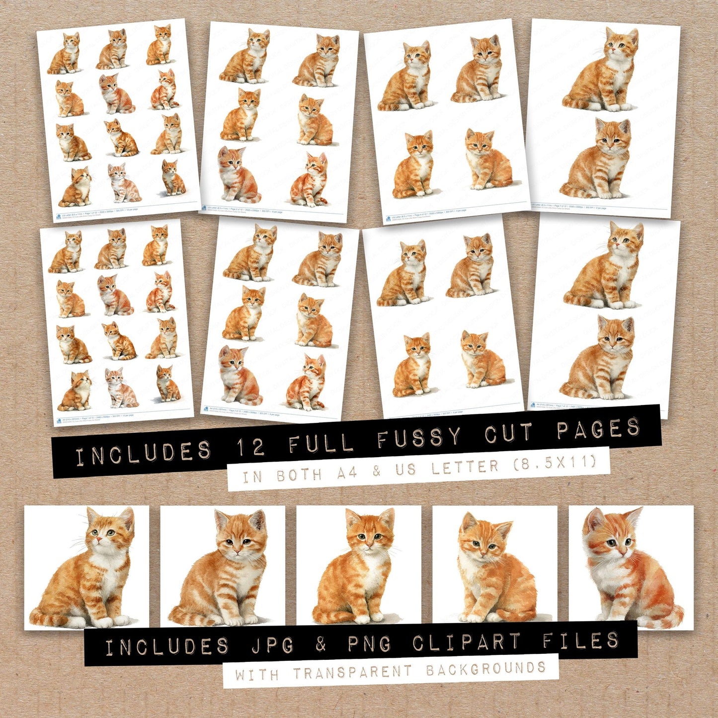 Full collection view of Cute Little Kitten fussy cut sheets with bonus clipart JPG and PNG files