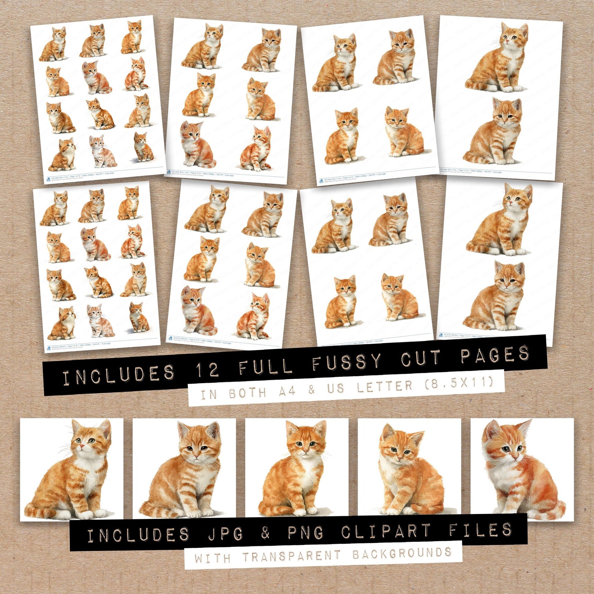 Full collection view of Cute Little Kitten fussy cut sheets with bonus clipart JPG and PNG files