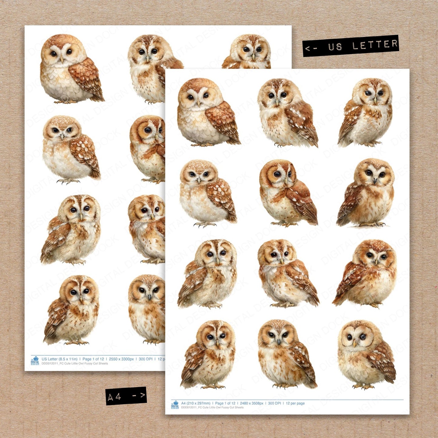 A4 and US Letter format comparison showing Cute Little Owl fussy cut pages for print and cut crafting