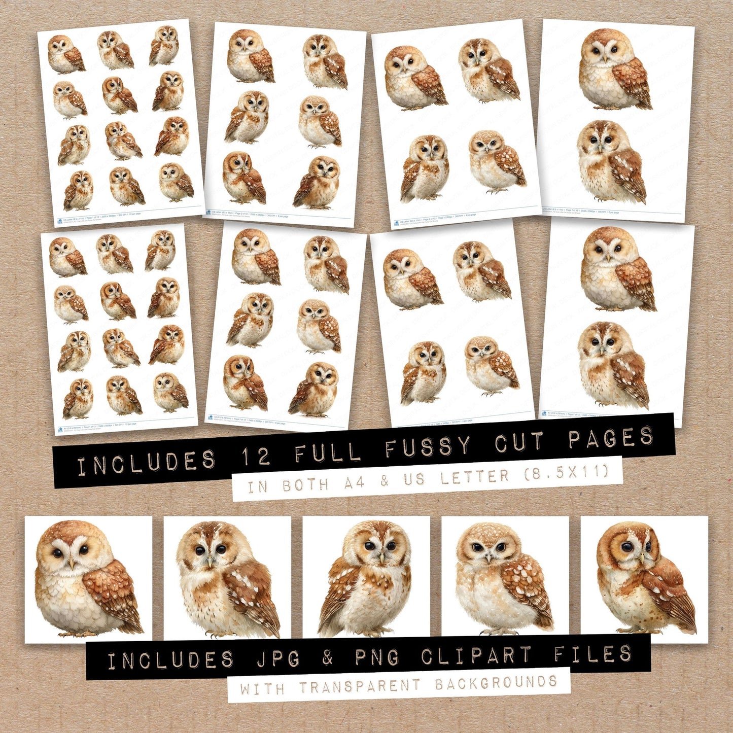 Full collection view of Cute Little Owl fussy cut sheets with bonus clipart JPG and PNG files