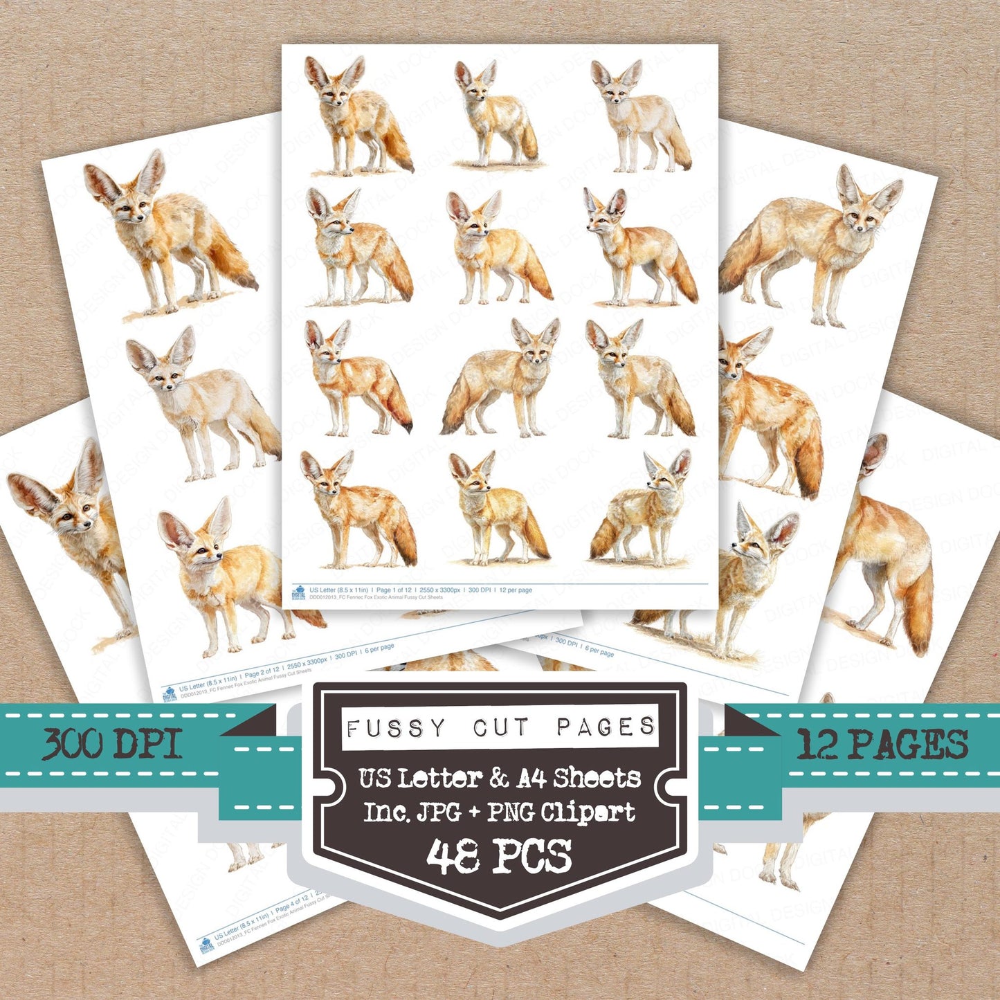 Fennec Fox Exotic Animal fussy cut printable sheets for junk journaling, scrapbooking, and paper craft projects