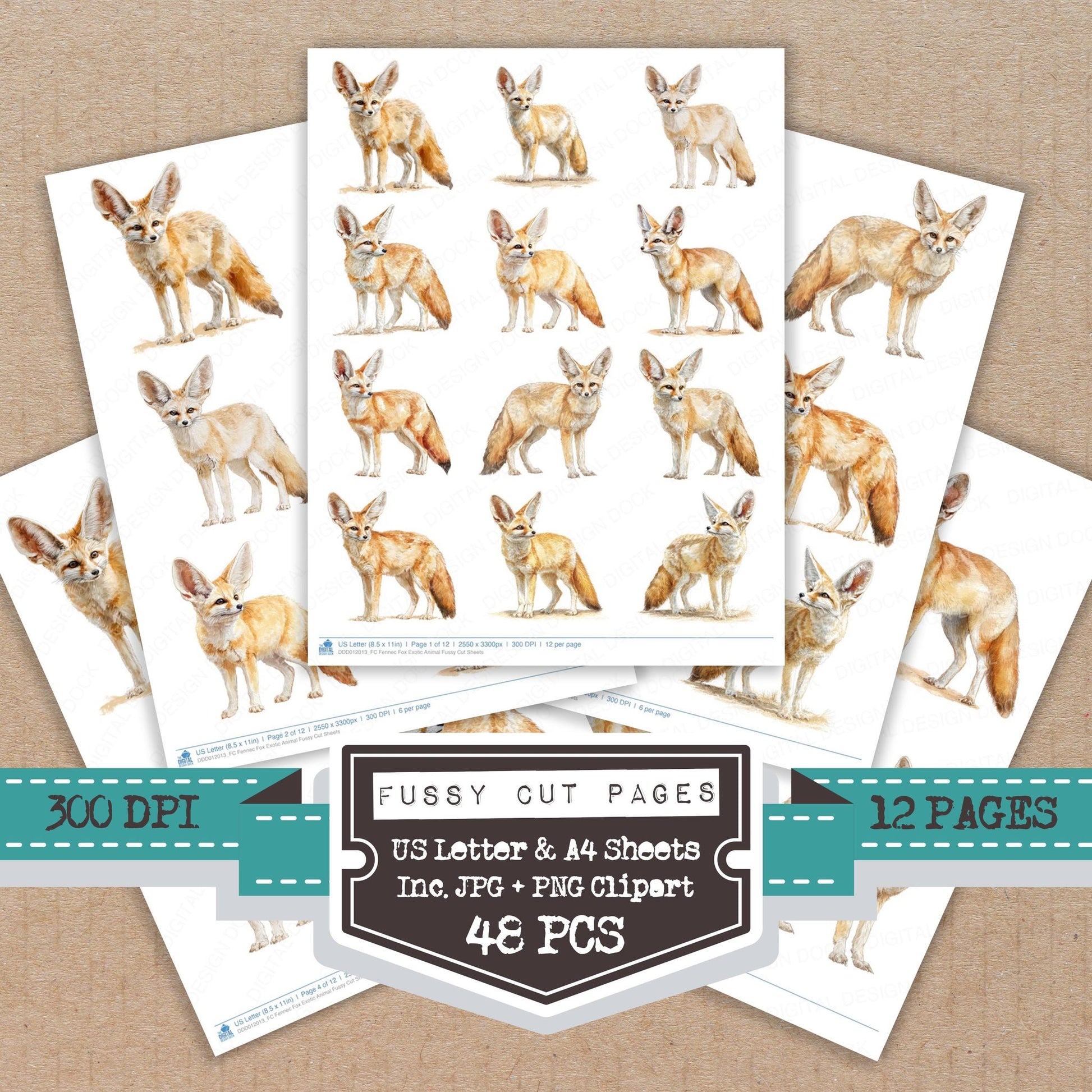 Fennec Fox Exotic Animal fussy cut printable sheets for junk journaling, scrapbooking, and paper craft projects