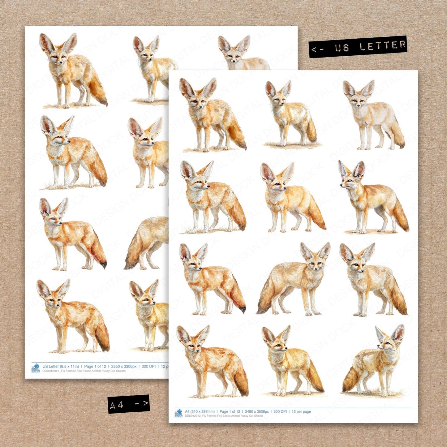 A4 and US Letter format comparison showing Fennec Fox Exotic Animal fussy cut pages for print and cut crafting