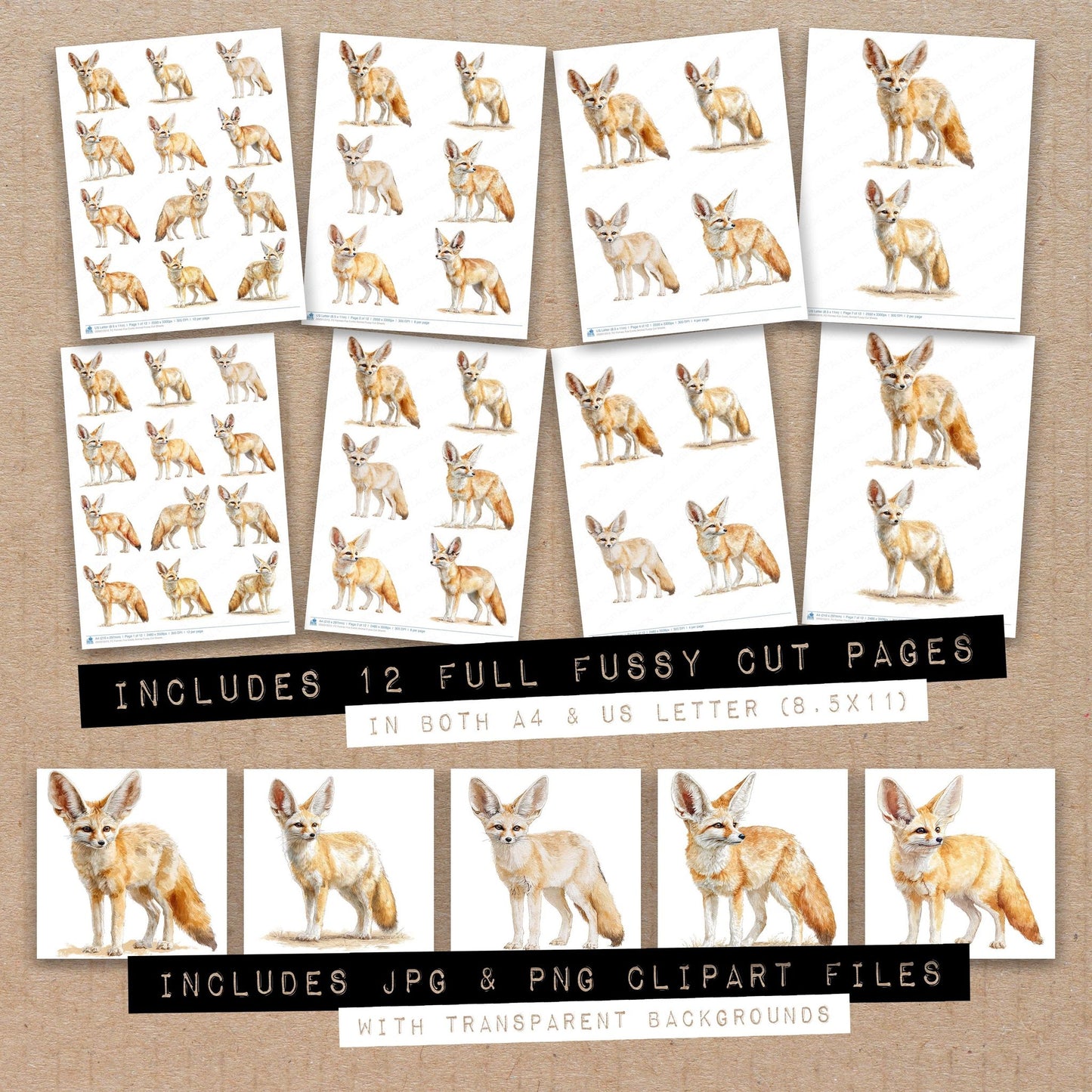 Full collection view of Fennec Fox Exotic Animal fussy cut sheets with bonus clipart JPG and PNG files