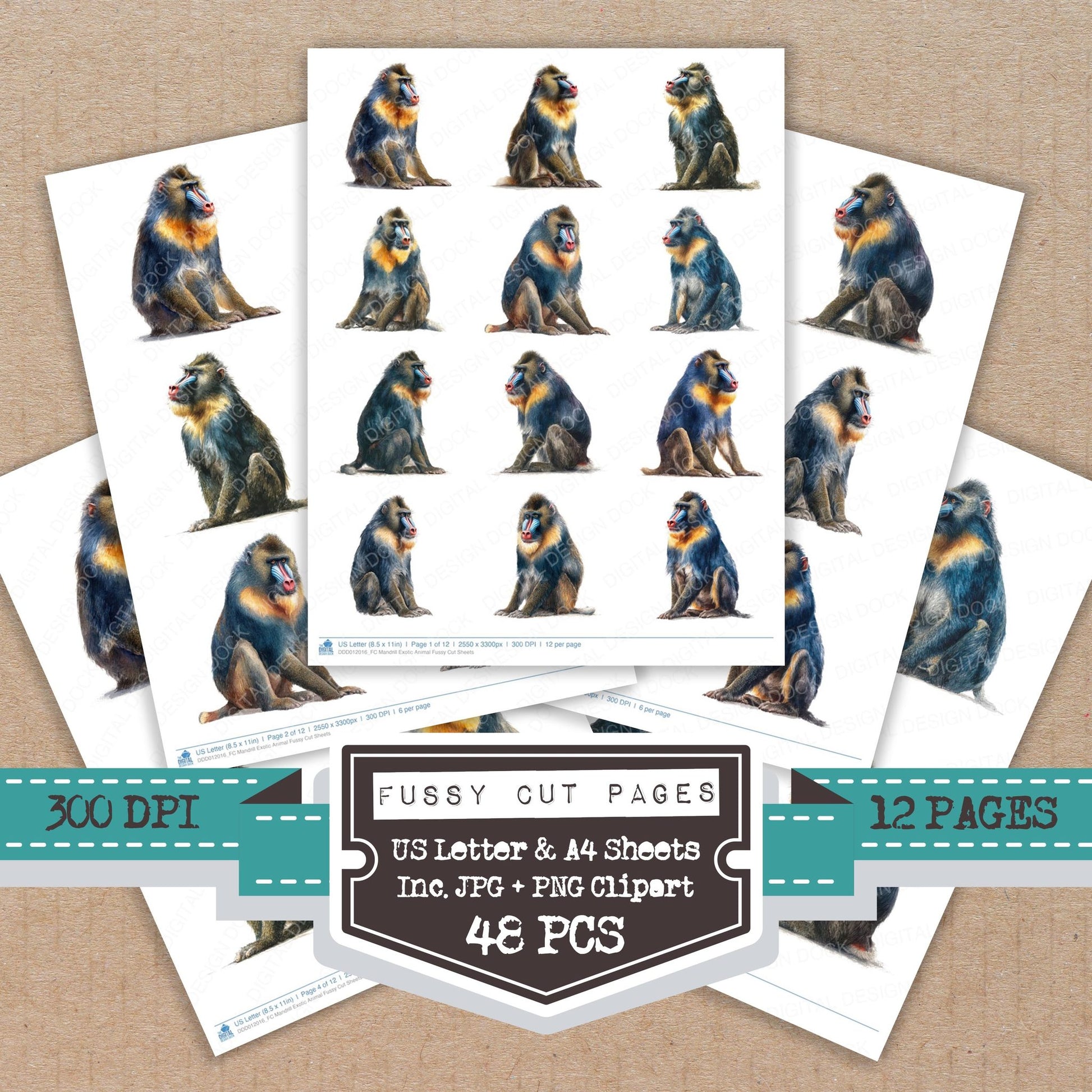 Mandrill Exotic Animal fussy cut printable sheets for junk journaling, scrapbooking, and paper craft projects
