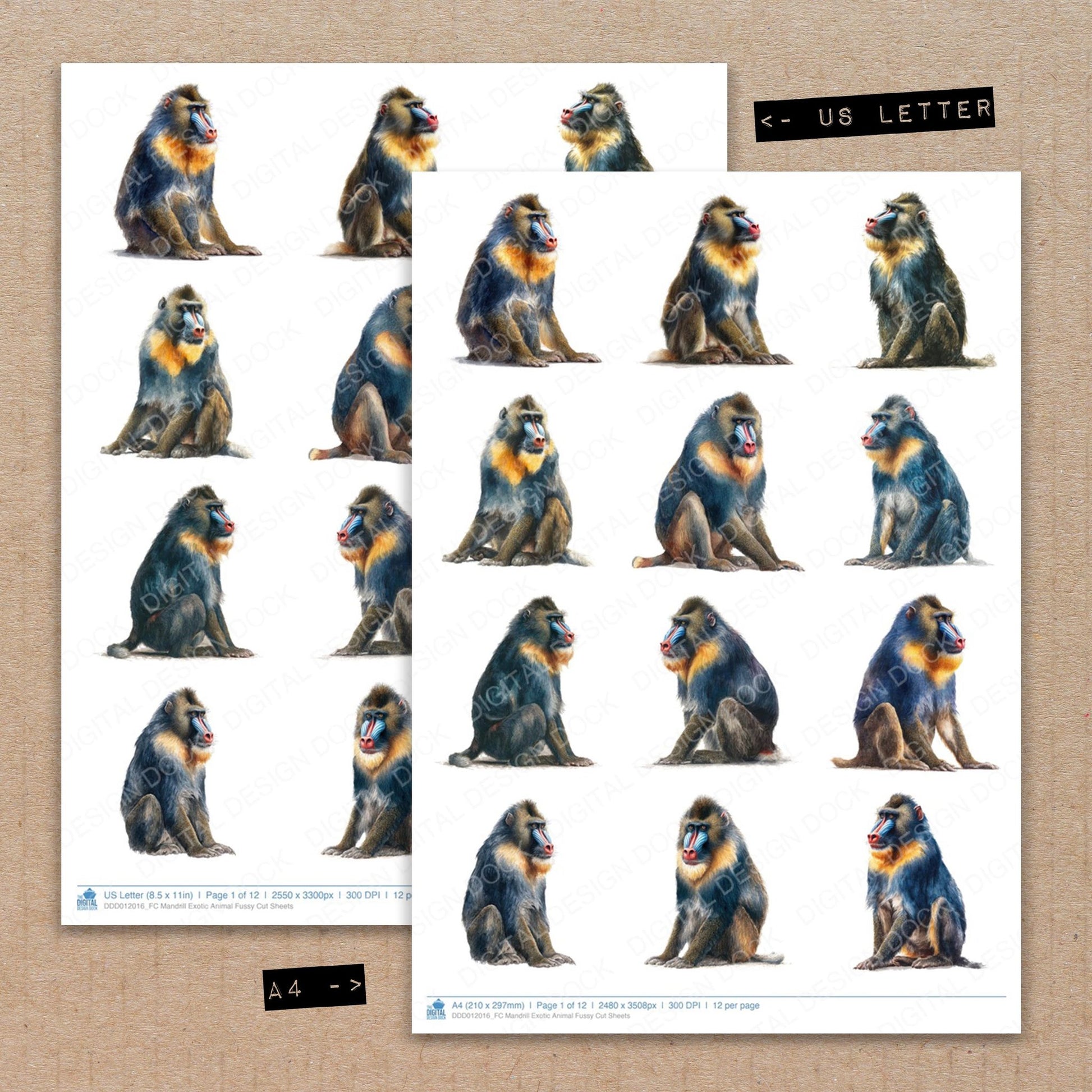 A4 and US Letter format comparison showing Mandrill Exotic Animal fussy cut pages for print and cut crafting