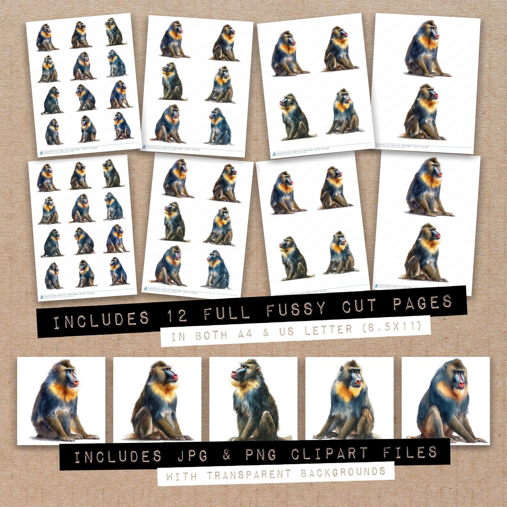 Full collection view of Mandrill Exotic Animal fussy cut sheets with bonus clipart JPG and PNG files