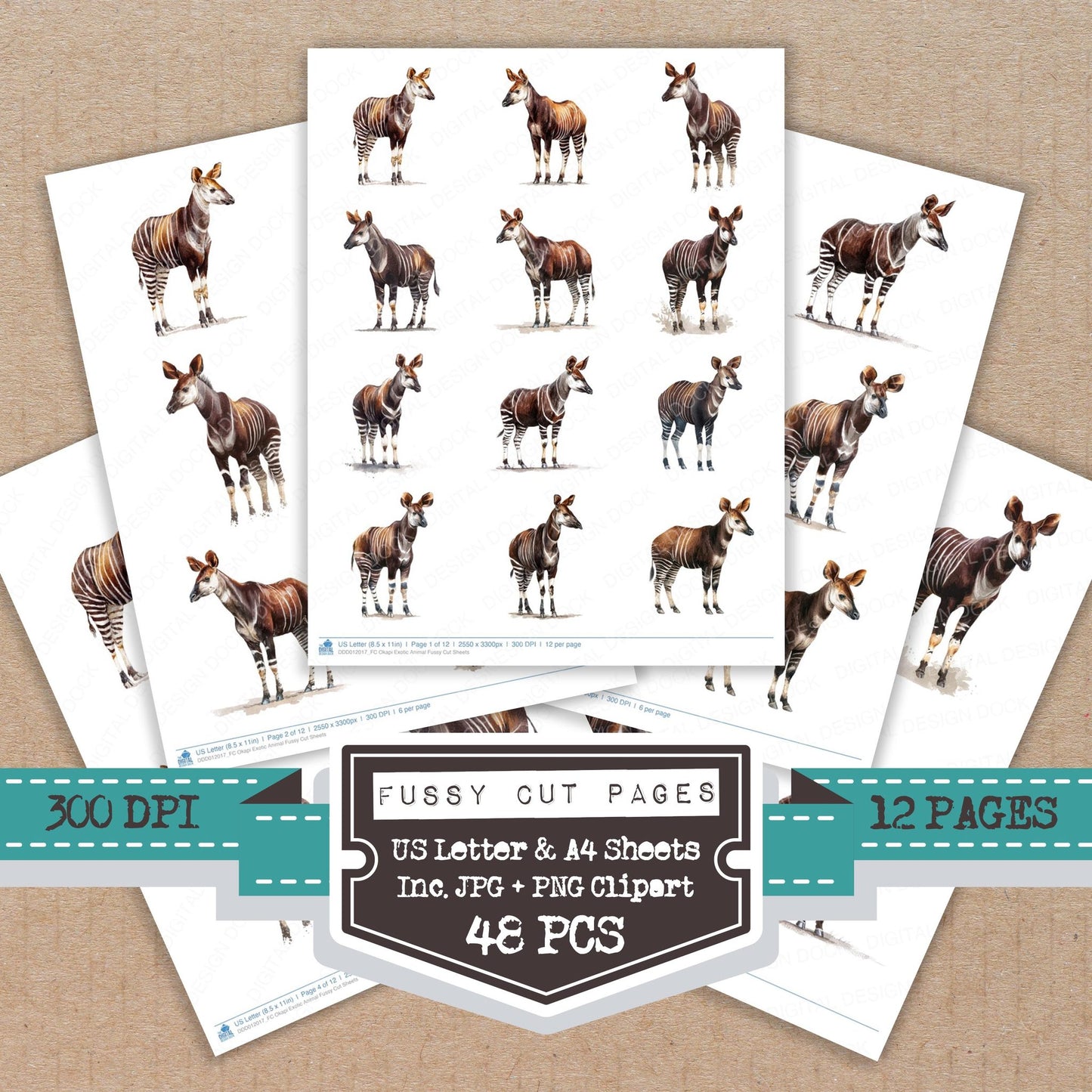 Okapi Exotic Animal fussy cut printable sheets for junk journaling, scrapbooking, and paper craft projects
