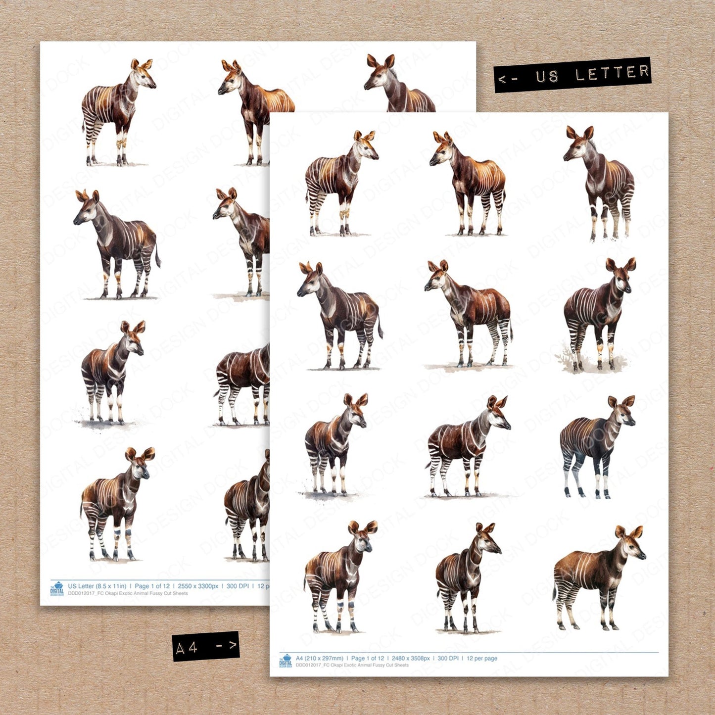A4 and US Letter format comparison showing Okapi Exotic Animal fussy cut pages for print and cut crafting