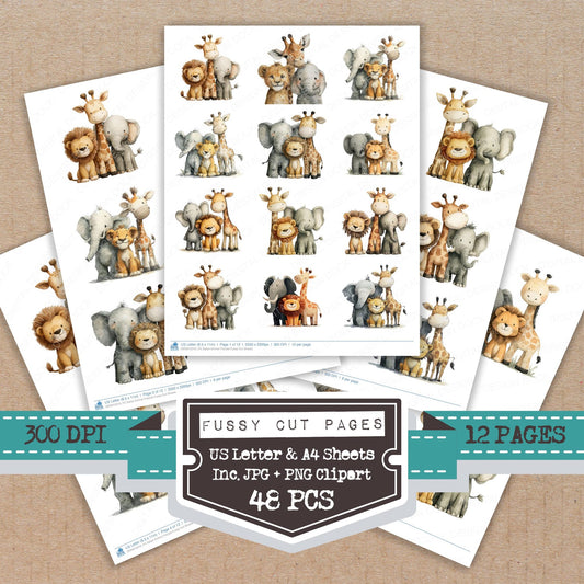 Safari Animal Friends fussy cut printable sheets for junk journaling, scrapbooking, and paper craft projects