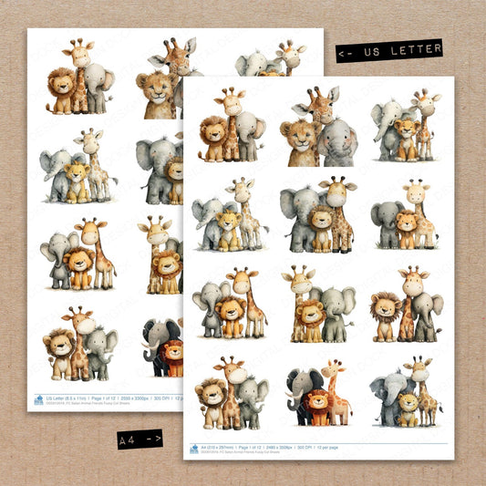 A4 and US Letter format comparison showing Safari Animal Friends fussy cut pages for print and cut crafting