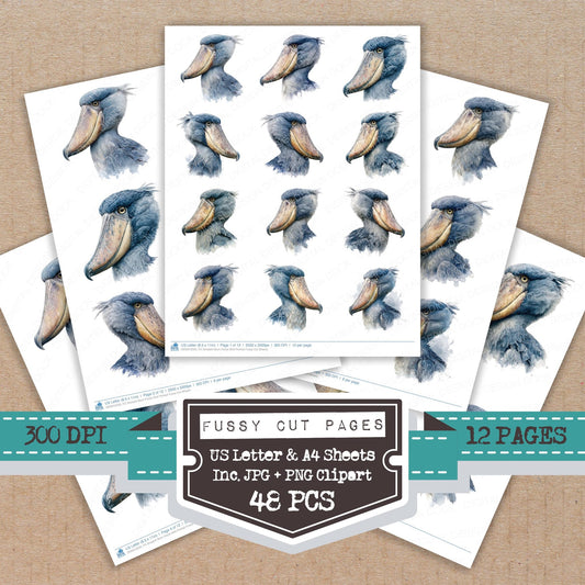 Shoebill Stork Exotic Bird Portrait fussy cut printable sheets for junk journaling, scrapbooking, and paper craft projects