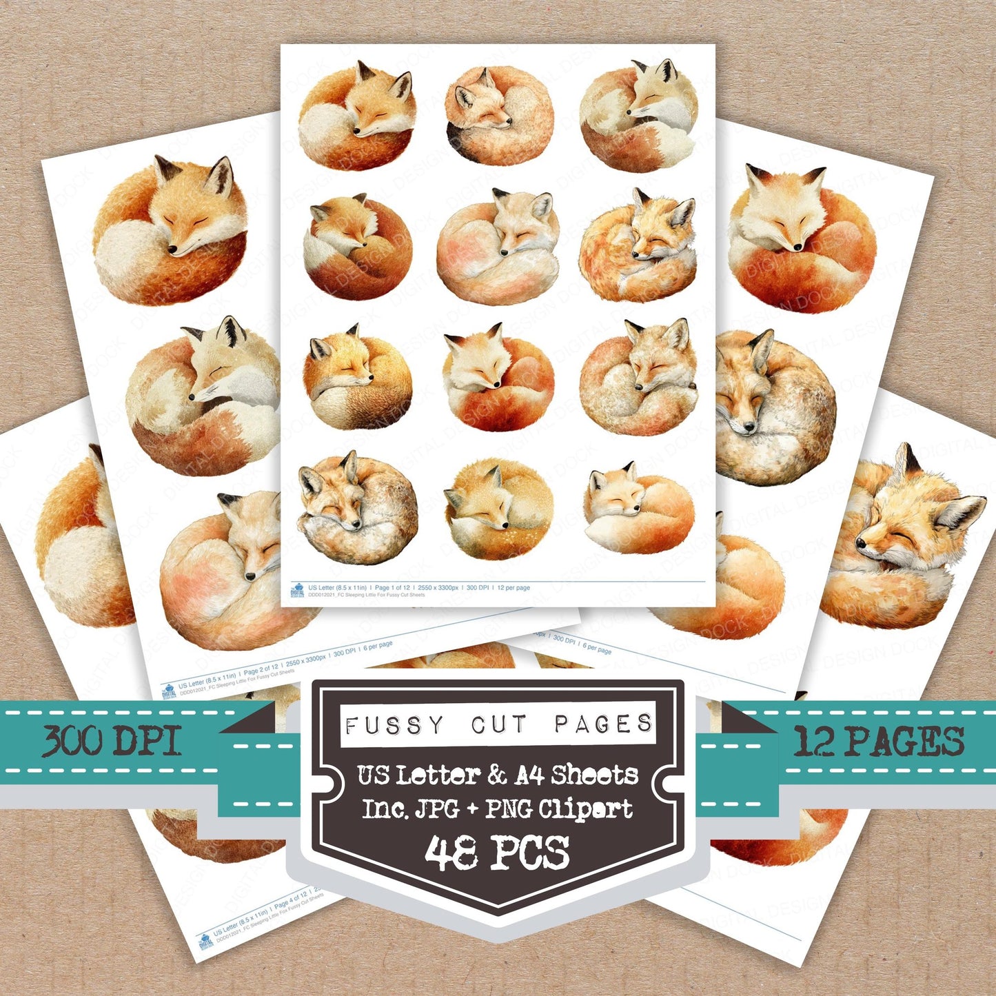 Sleeping Little Fox fussy cut printable sheets for junk journaling, scrapbooking, and paper craft projects