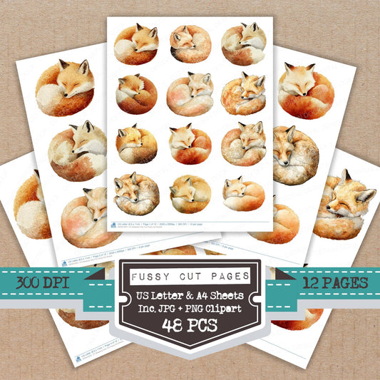 Sleeping Little Fox fussy cut printable sheets for junk journaling, scrapbooking, and paper craft projects