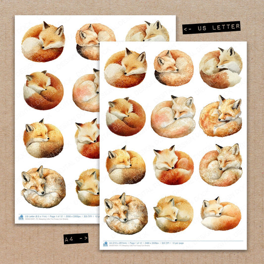 A4 and US Letter format comparison showing Sleeping Little Fox fussy cut pages for print and cut crafting