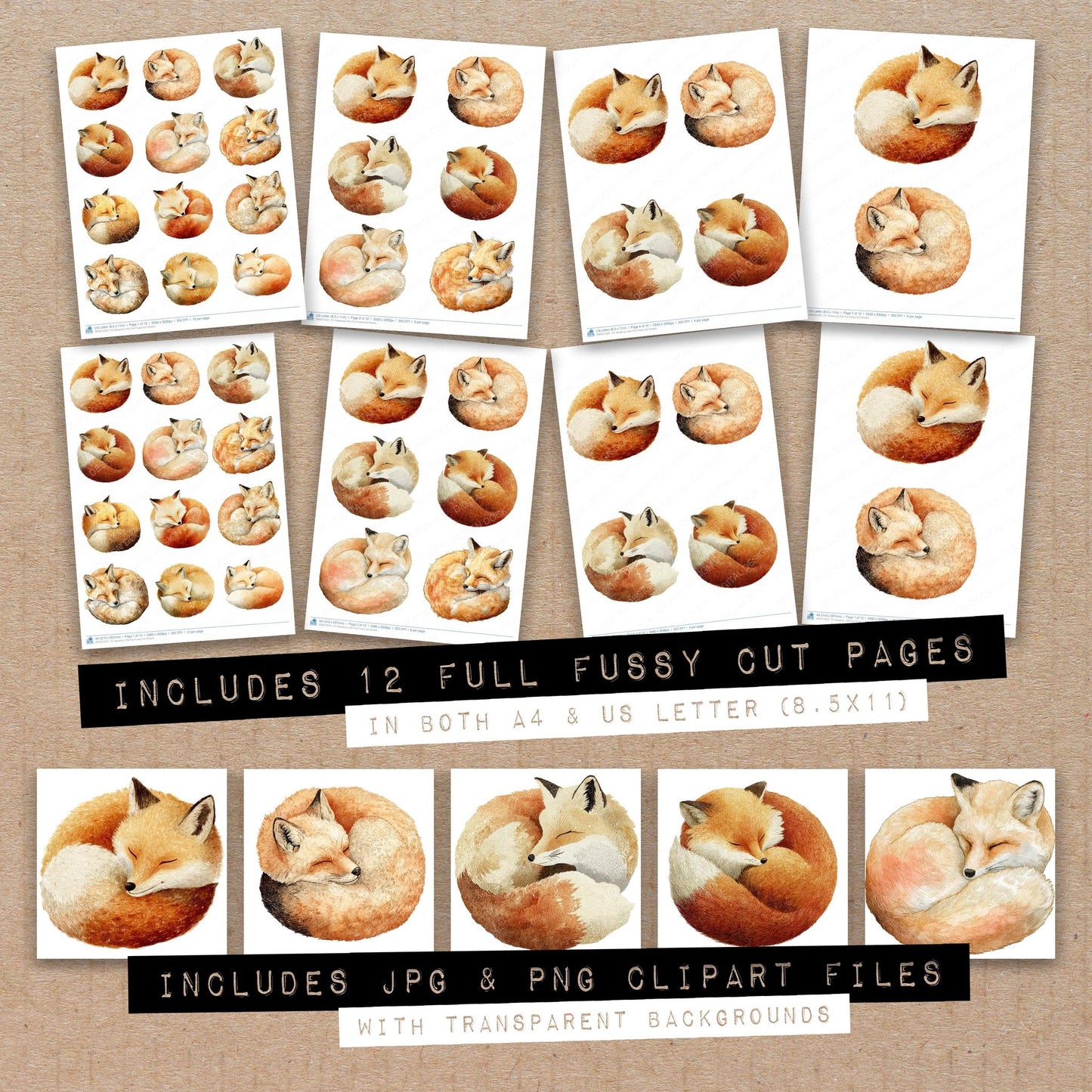 Full collection view of Sleeping Little Fox fussy cut sheets with bonus clipart JPG and PNG files