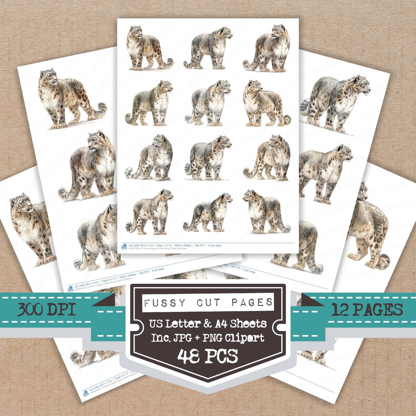 Snow Leopard Exotic Animal fussy cut printable sheets for junk journaling, scrapbooking, and paper craft projects