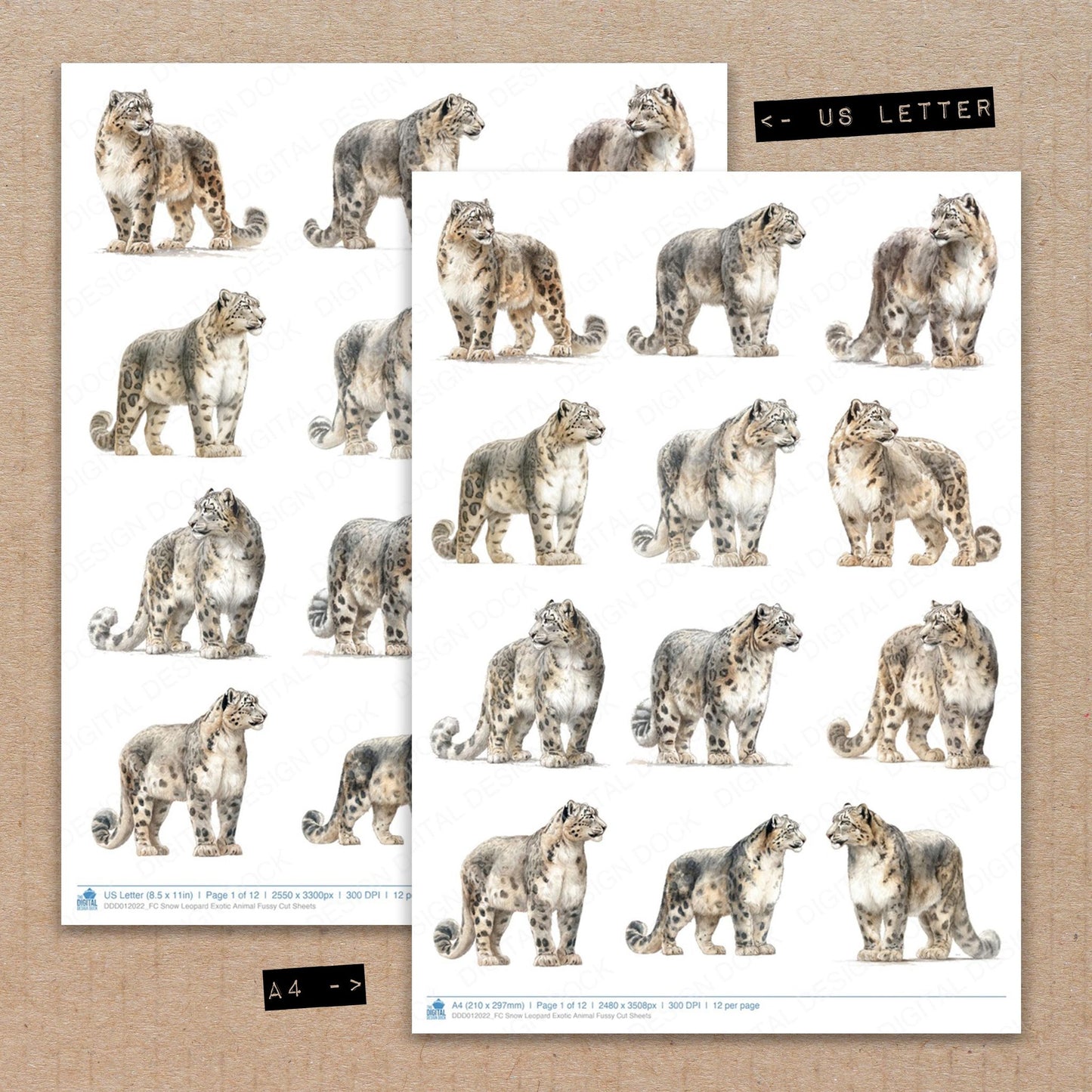 A4 and US Letter format comparison showing Snow Leopard Exotic Animal fussy cut pages for print and cut crafting