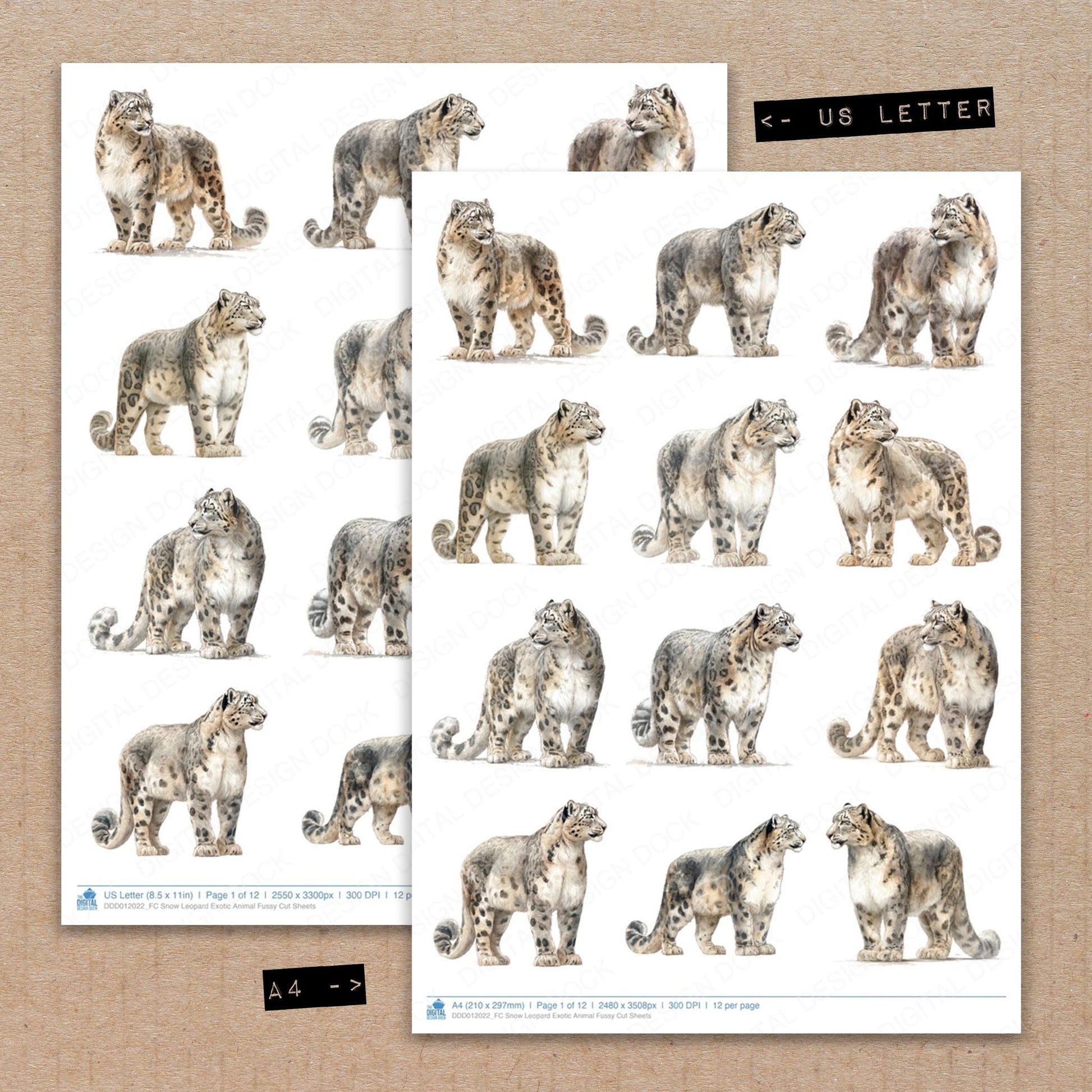 A4 and US Letter format comparison showing Snow Leopard Exotic Animal fussy cut pages for print and cut crafting