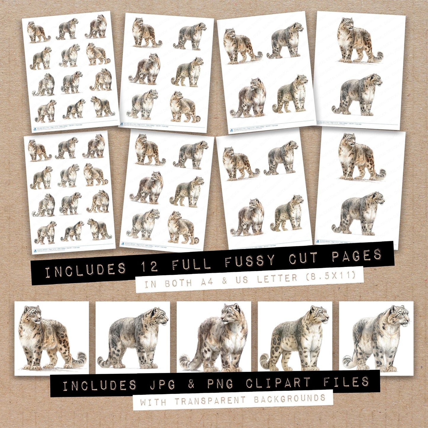 Full collection view of Snow Leopard Exotic Animal fussy cut sheets with bonus clipart JPG and PNG files
