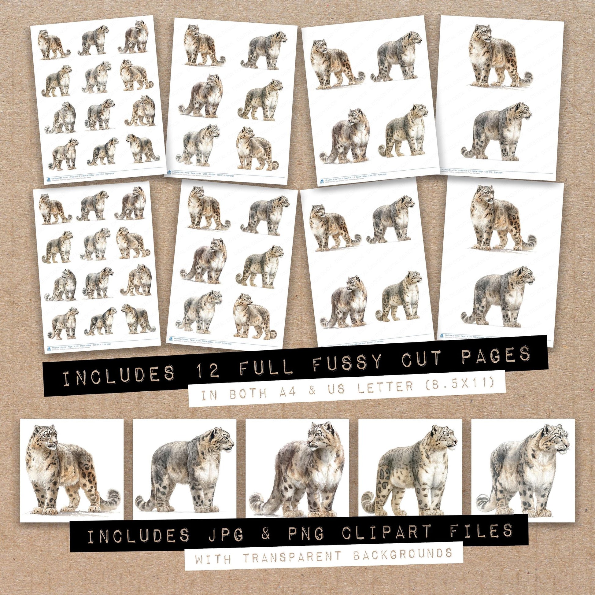 Full collection view of Snow Leopard Exotic Animal fussy cut sheets with bonus clipart JPG and PNG files