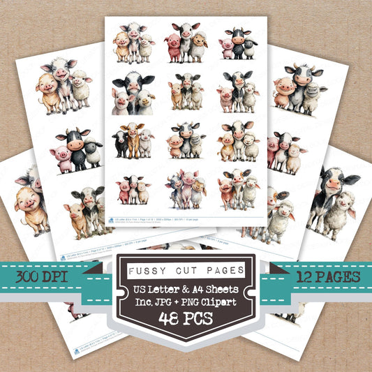 Farm Animal Friends fussy cut printable sheets for junk journaling, scrapbooking, and paper craft projects