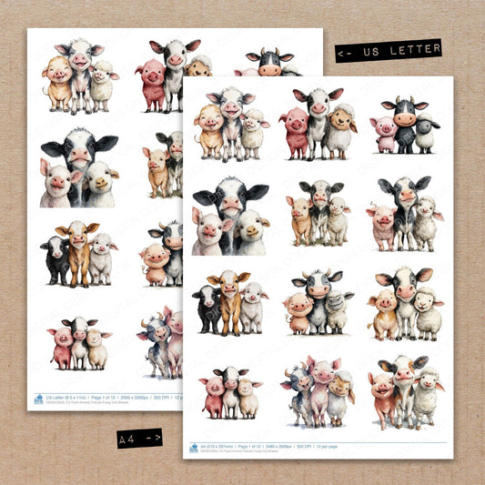 A4 and US Letter format comparison showing Farm Animal Friends fussy cut pages for print and cut crafting