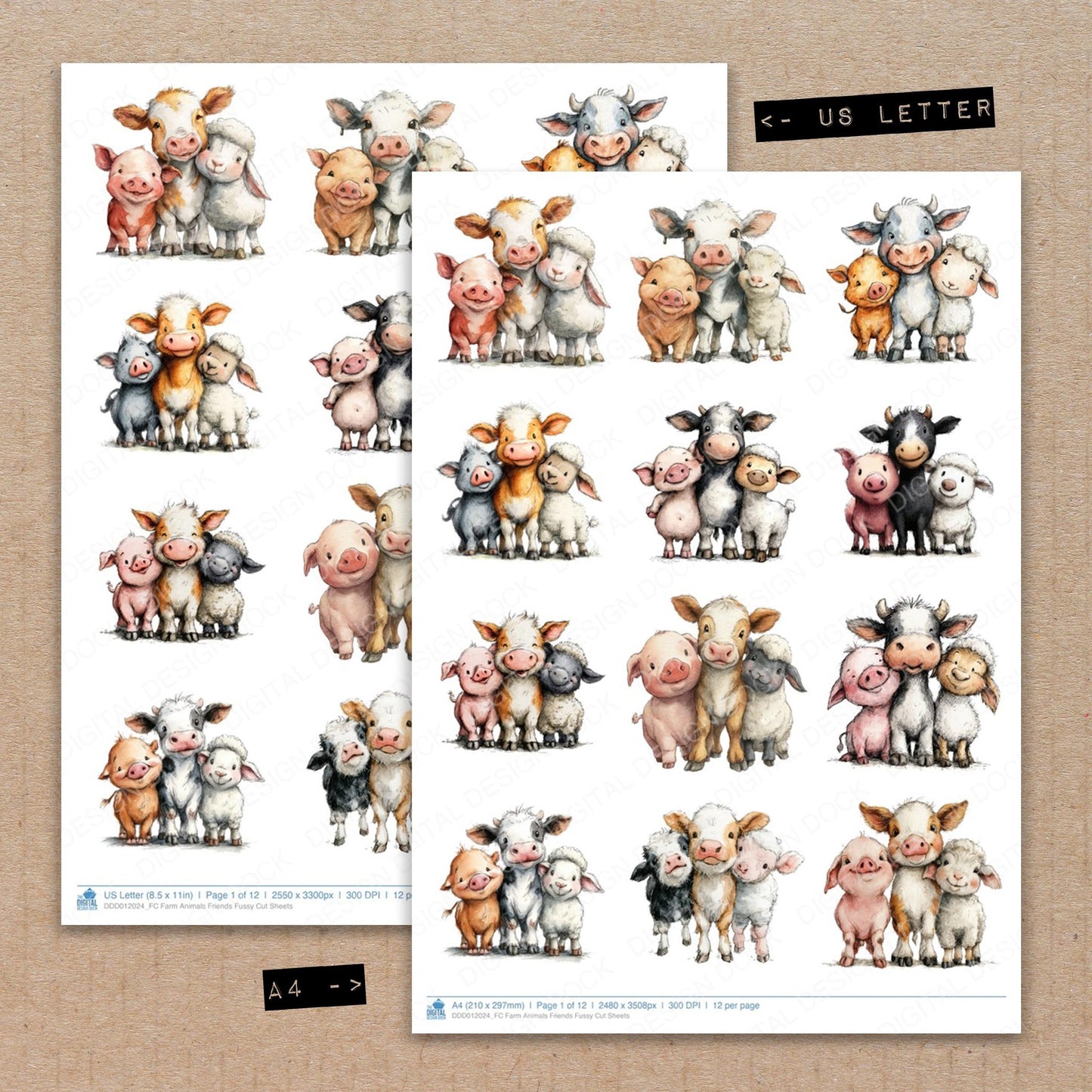 A4 and US Letter format comparison showing Farm Animals Friends fussy cut pages for print and cut crafting