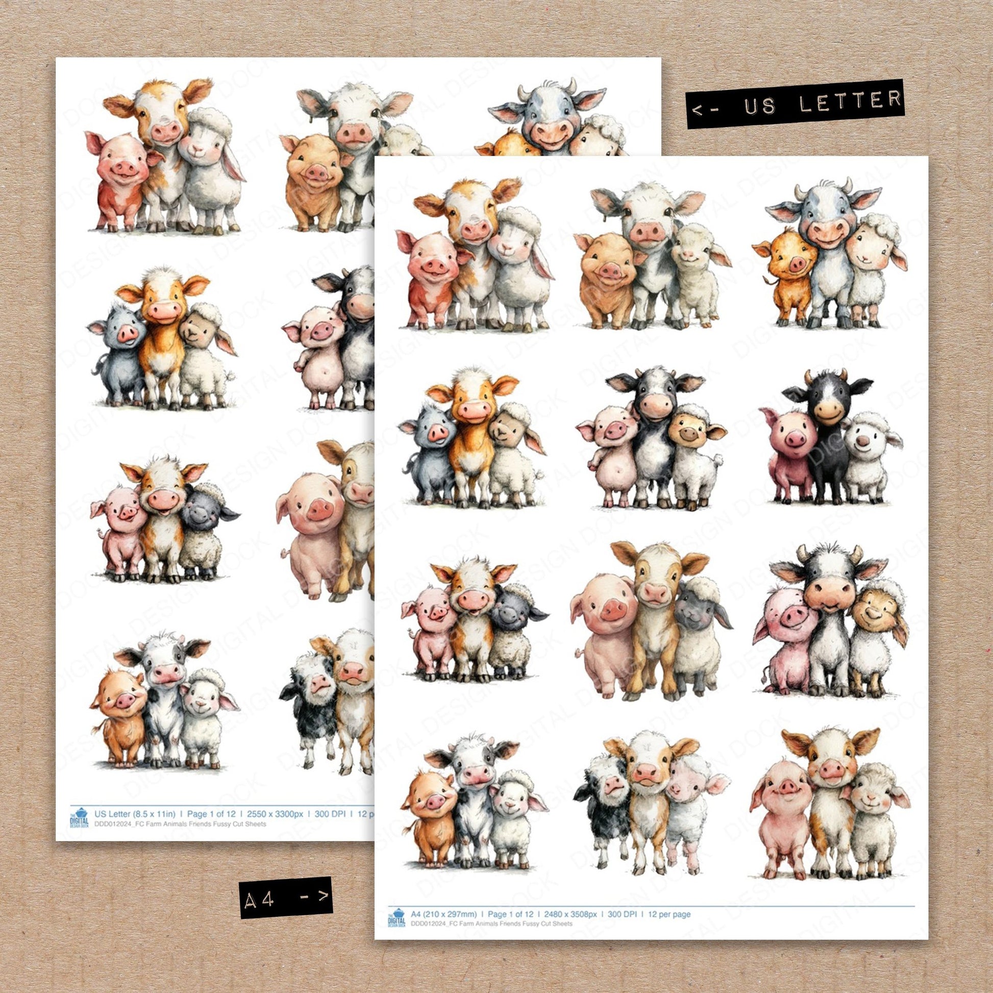 A4 and US Letter format comparison showing Farm Animals Friends fussy cut pages for print and cut crafting