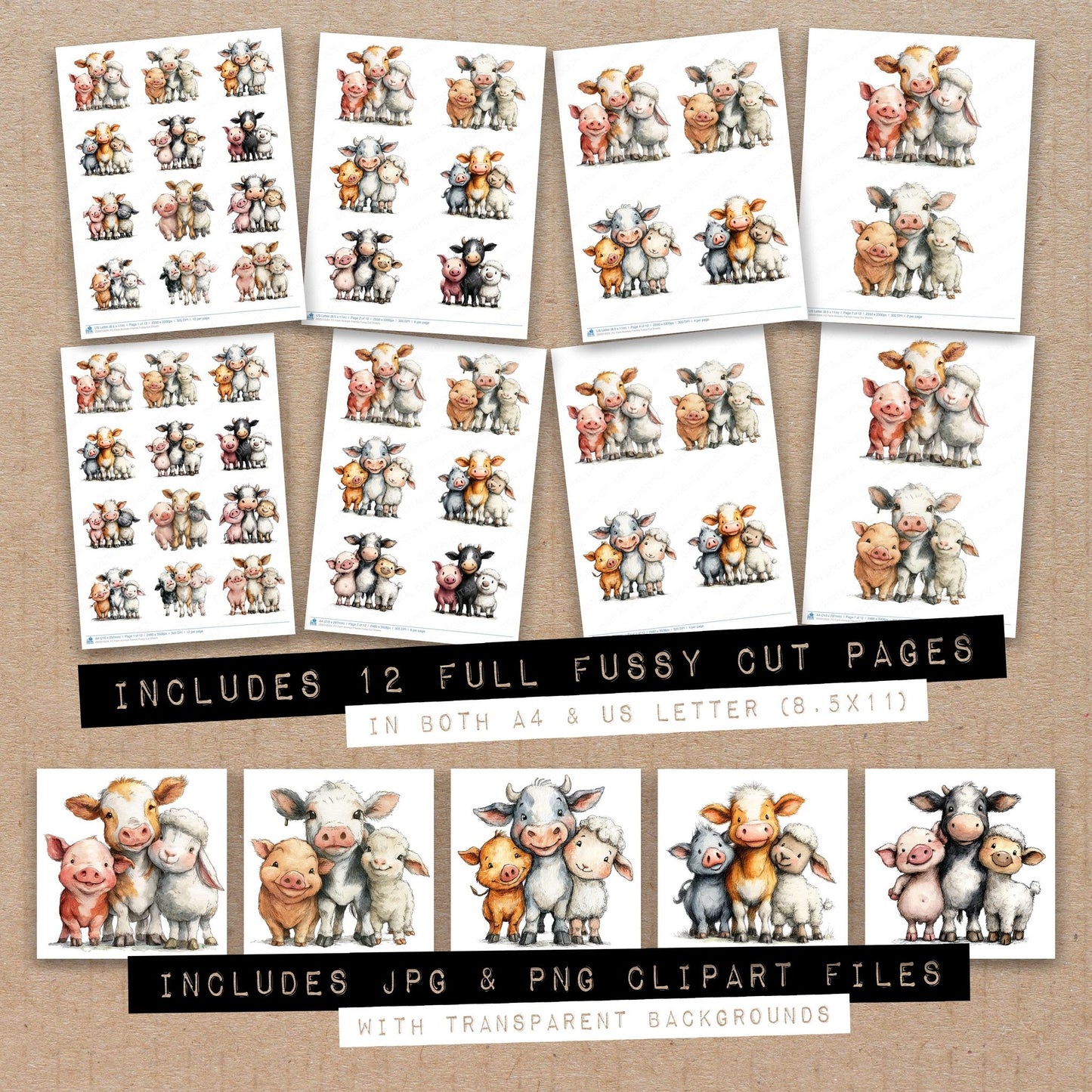 Full collection view of Farm Animals Friends fussy cut sheets with bonus clipart JPG and PNG files