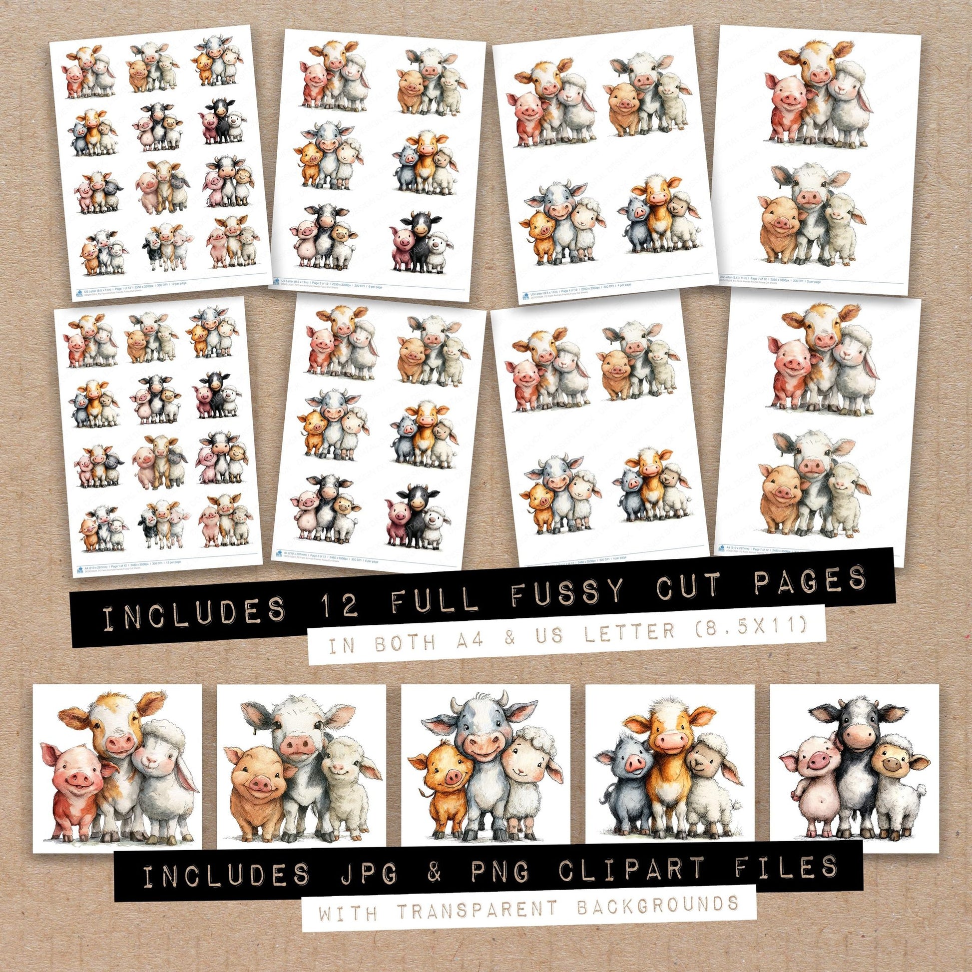 Full collection view of Farm Animals Friends fussy cut sheets with bonus clipart JPG and PNG files