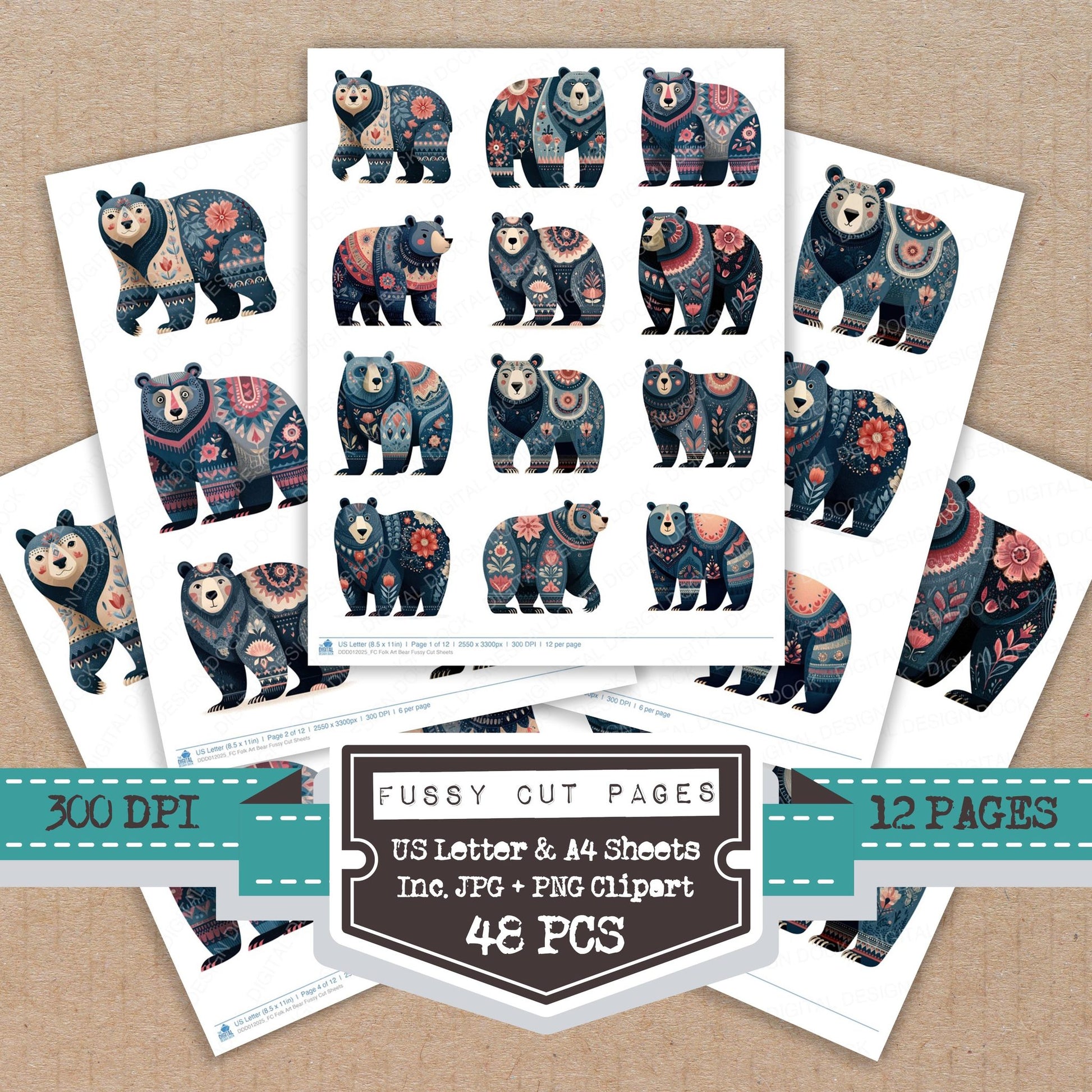 Folk Art Bear fussy cut printable sheets for junk journaling, scrapbooking, and paper craft projects