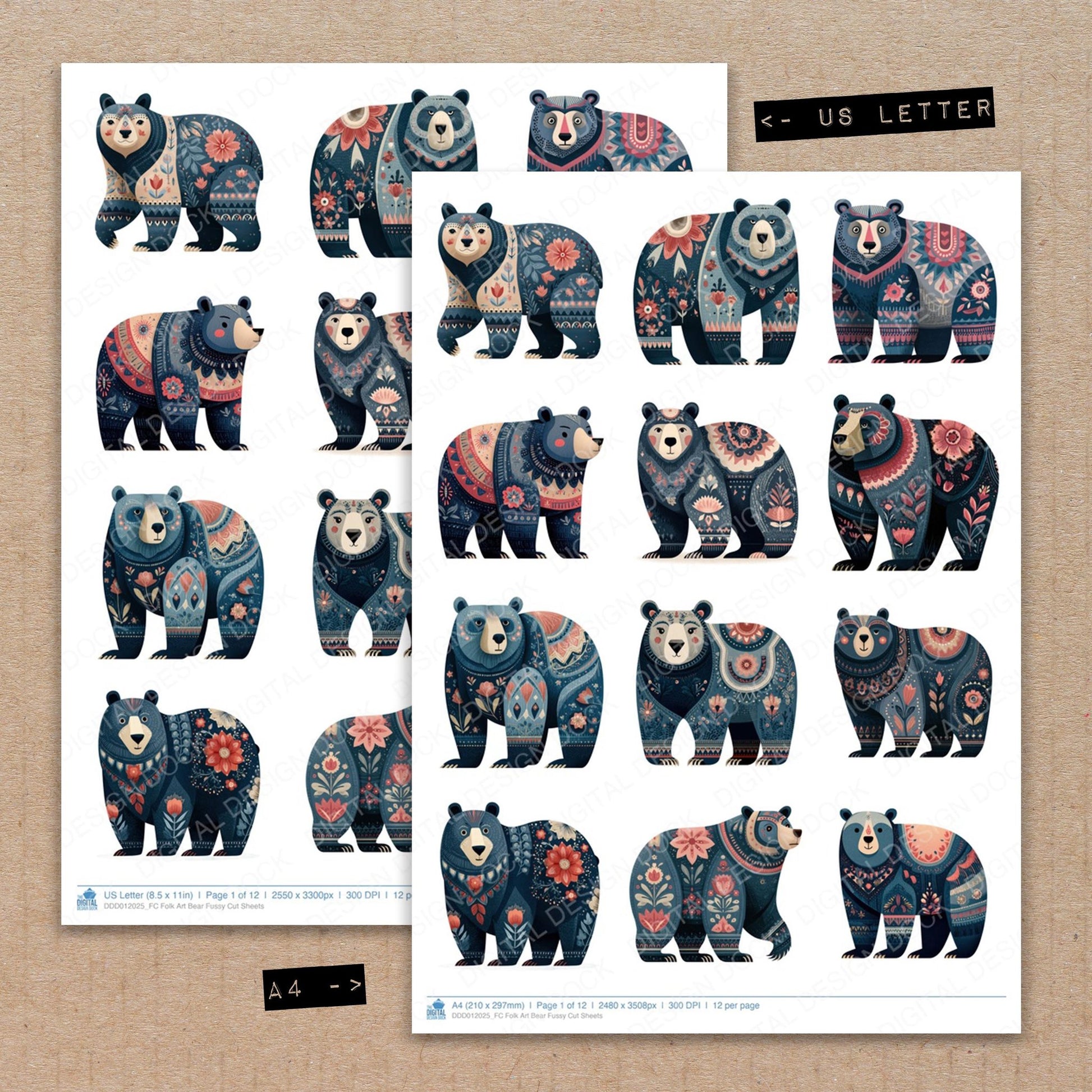 A4 and US Letter format comparison showing Folk Art Bear fussy cut pages for print and cut crafting