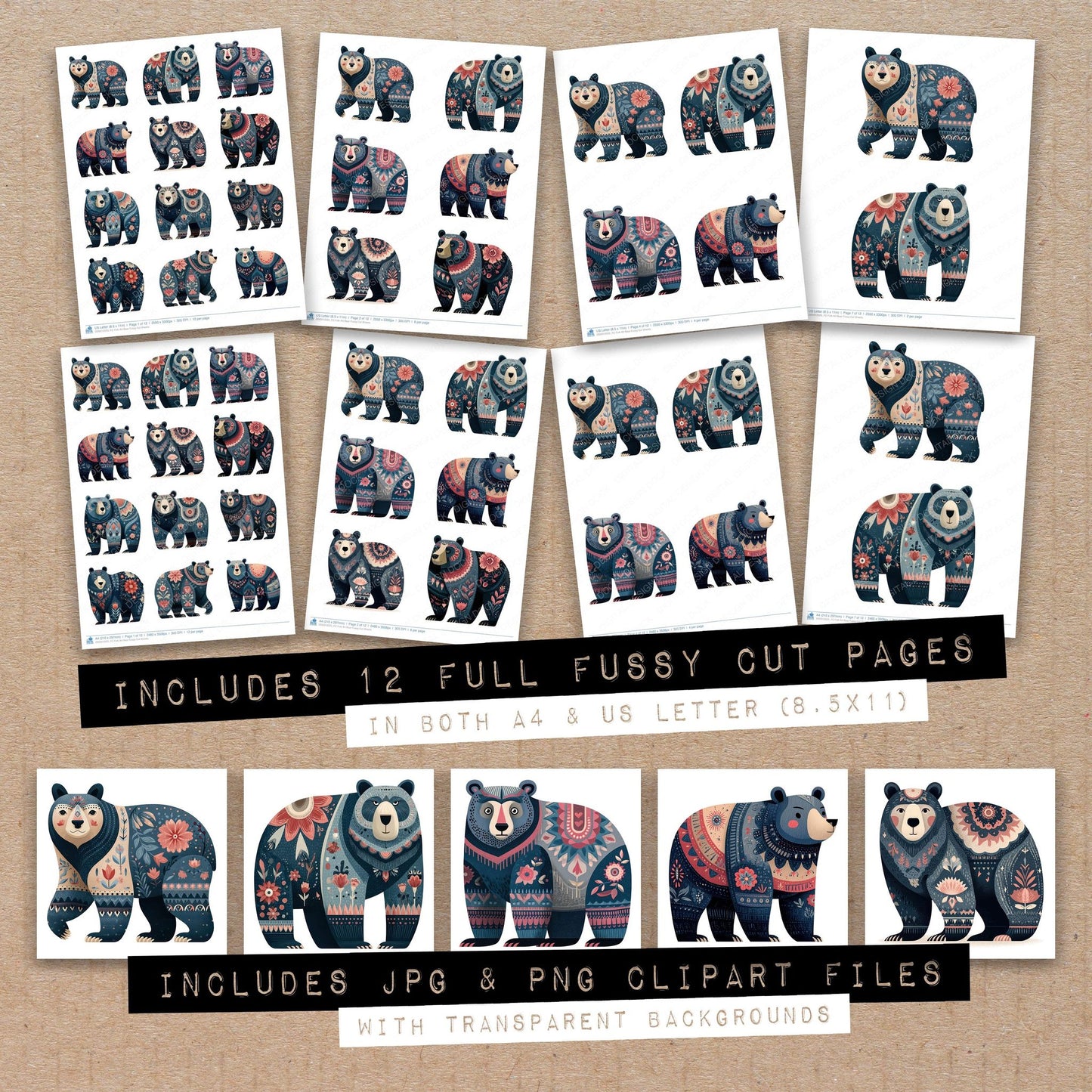 Full collection view of Folk Art Bear fussy cut sheets with bonus clipart JPG and PNG files