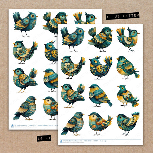 A4 and US Letter format comparison showing Folk Art Bird fussy cut pages for print and cut crafting