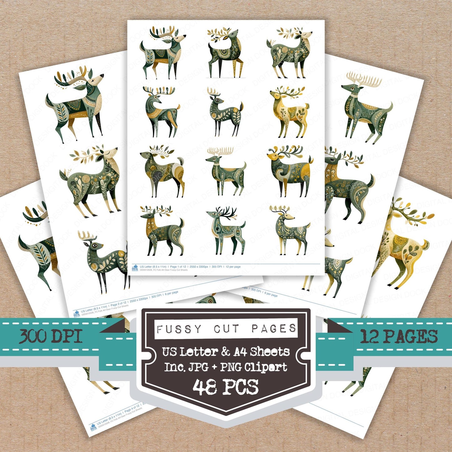 Folk Art Deer fussy cut printable sheets for junk journaling, scrapbooking, and paper craft projects