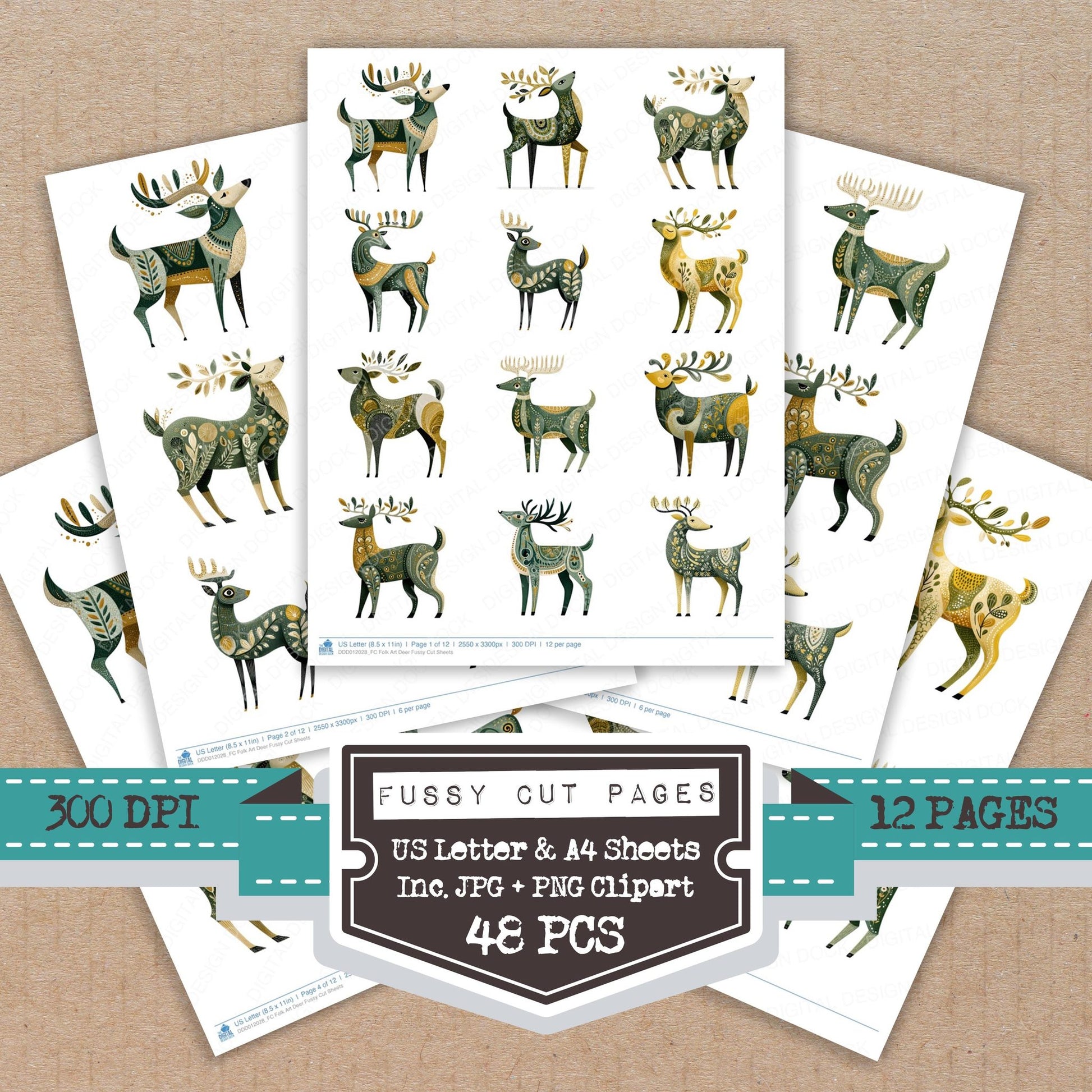 Folk Art Deer fussy cut printable sheets for junk journaling, scrapbooking, and paper craft projects