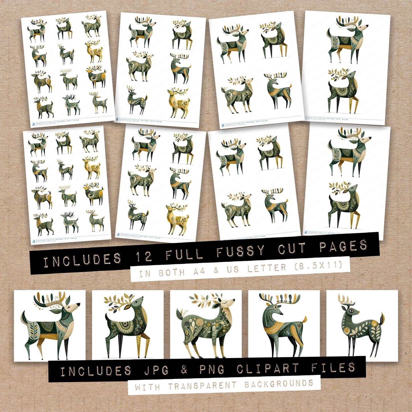Full collection view of Folk Art Deer fussy cut sheets with bonus clipart JPG and PNG files