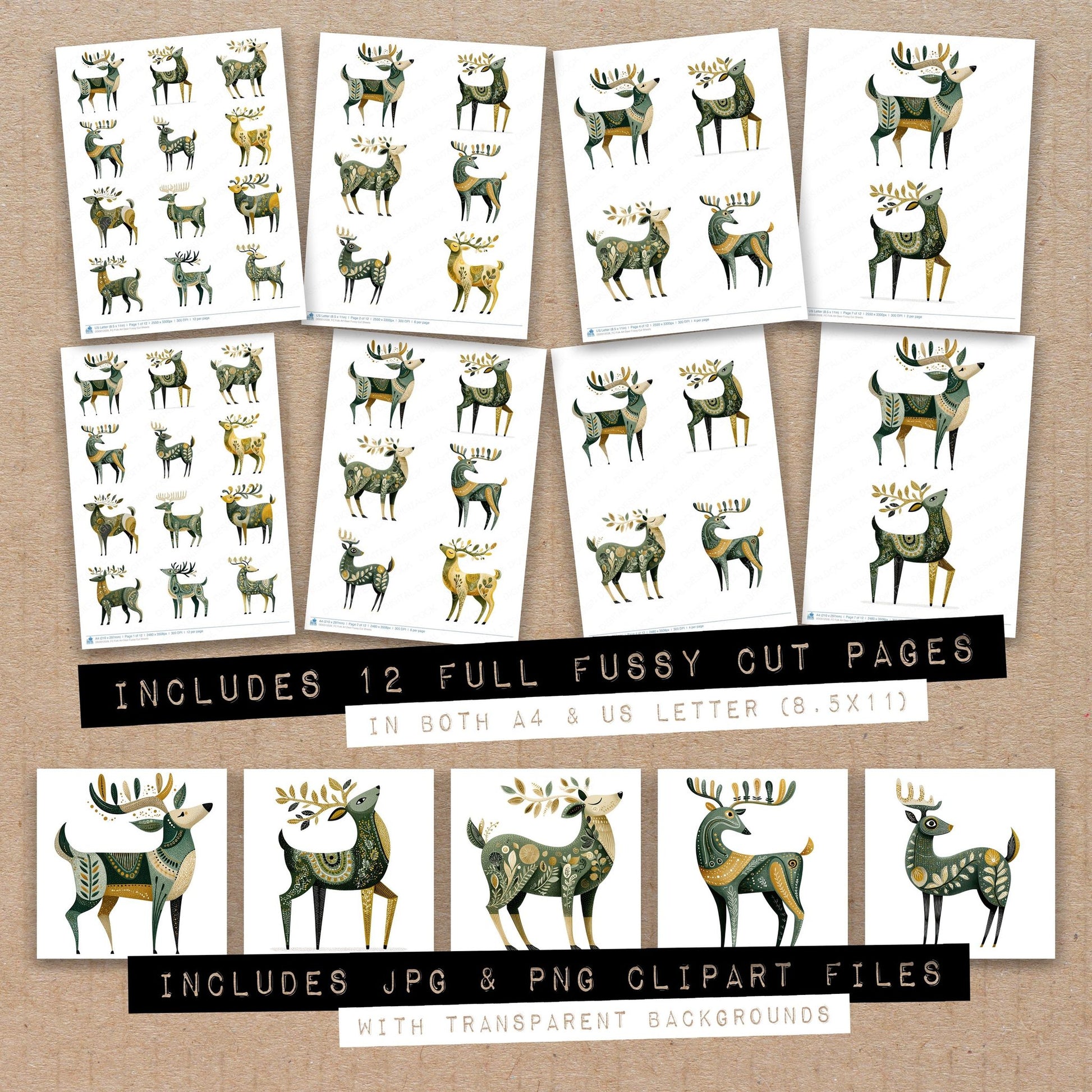 Full collection view of Folk Art Deer fussy cut sheets with bonus clipart JPG and PNG files