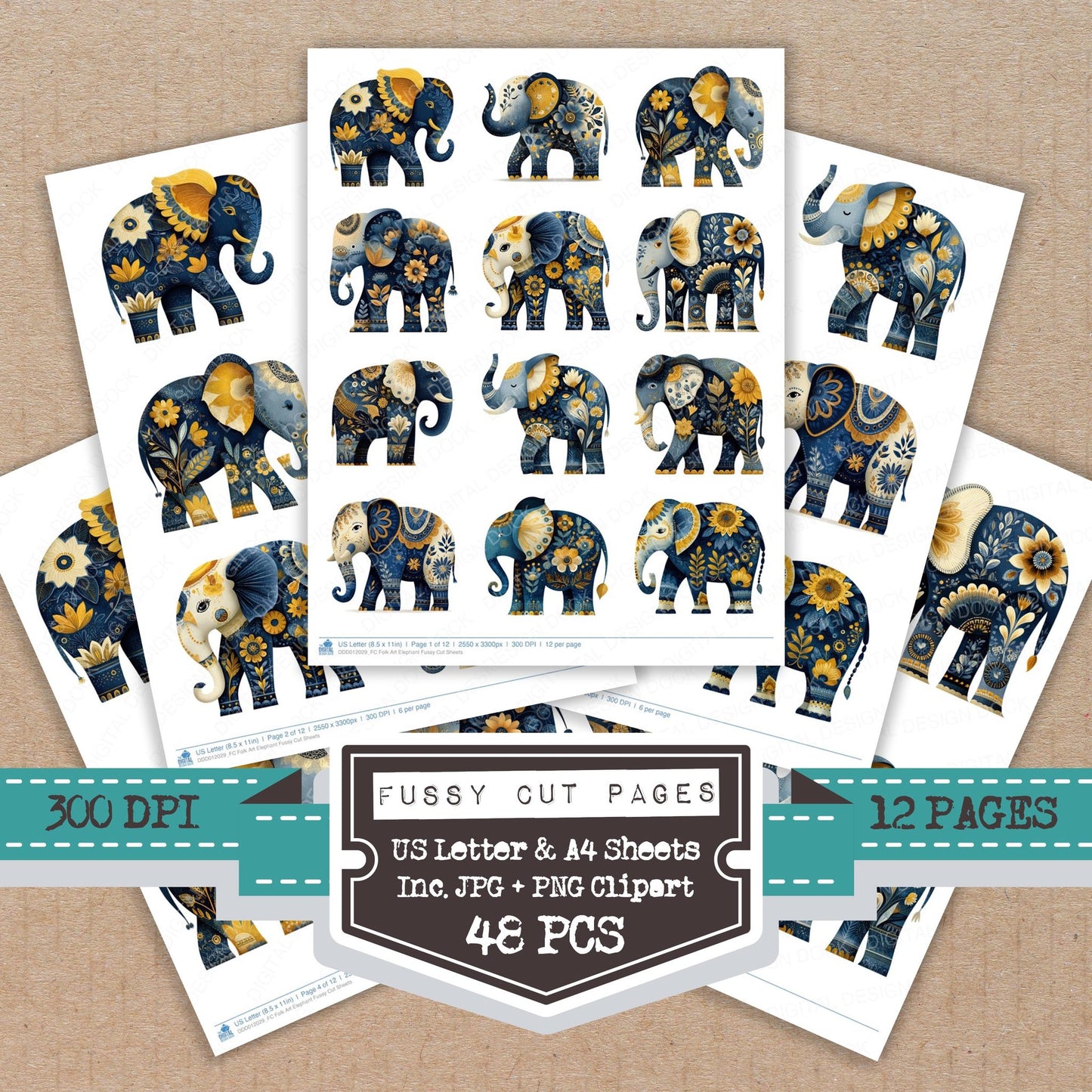 Folk Art Elephant fussy cut printable sheets for junk journaling, scrapbooking, and paper craft projects