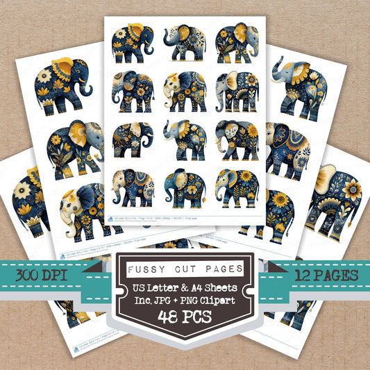 Folk Art Elephant fussy cut printable sheets for junk journaling, scrapbooking, and paper craft projects