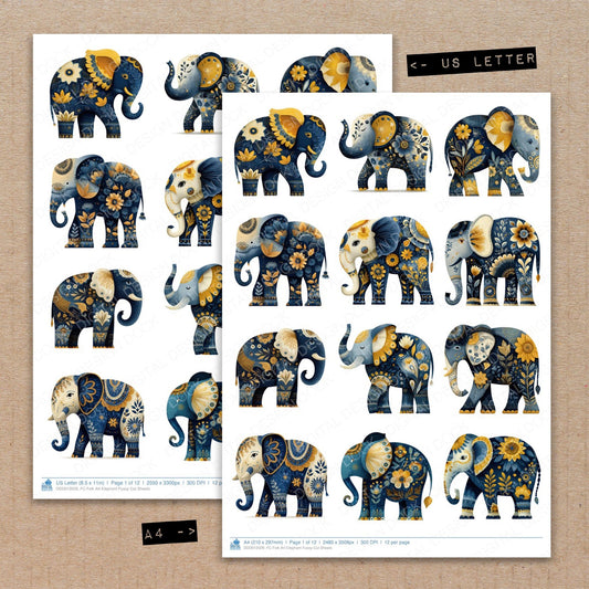 A4 and US Letter format comparison showing Folk Art Elephant fussy cut pages for print and cut crafting
