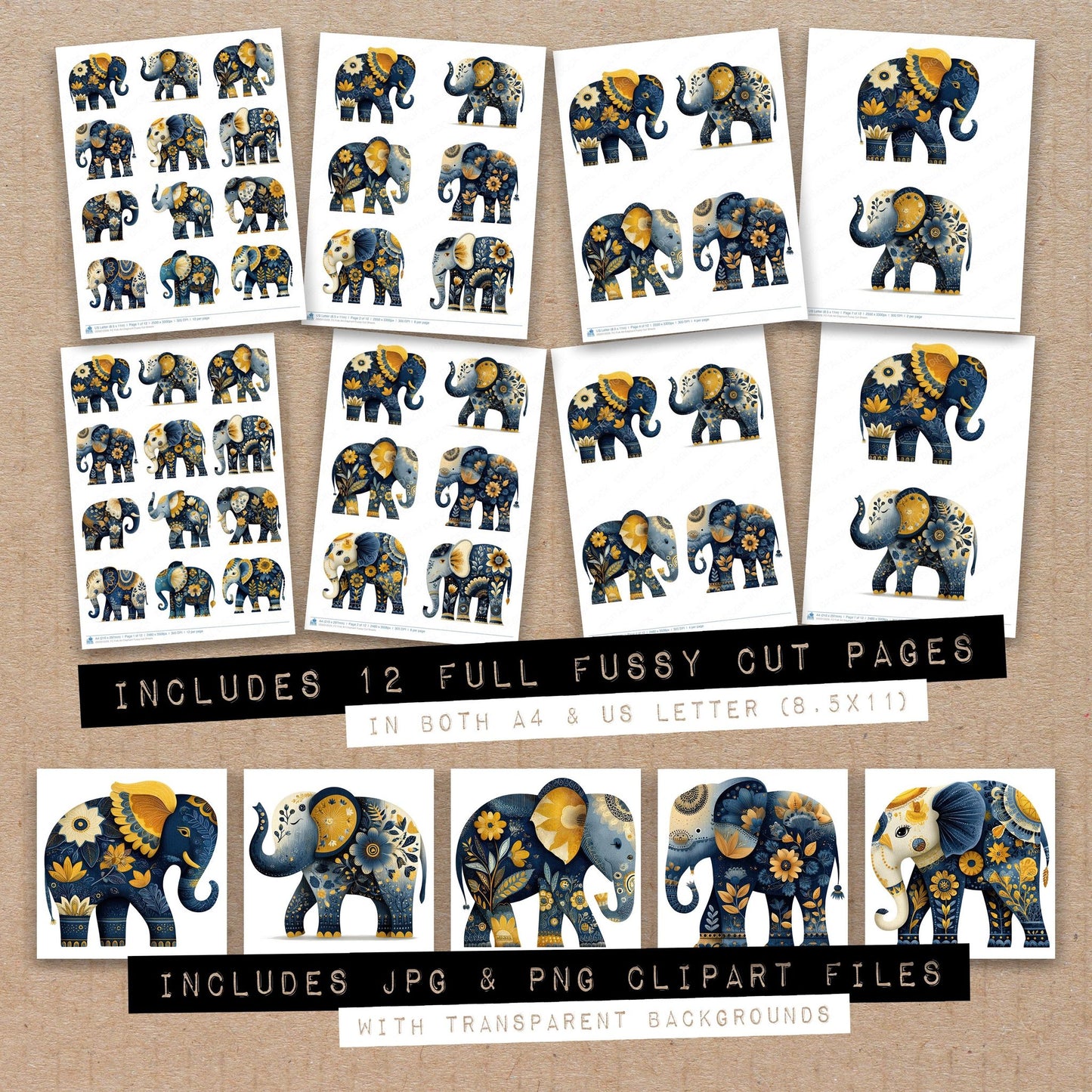 Full collection view of Folk Art Elephant fussy cut sheets with bonus clipart JPG and PNG files