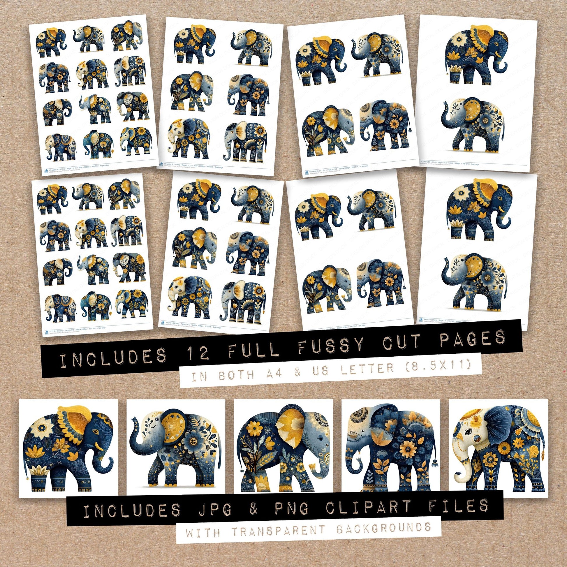 Full collection view of Folk Art Elephant fussy cut sheets with bonus clipart JPG and PNG files