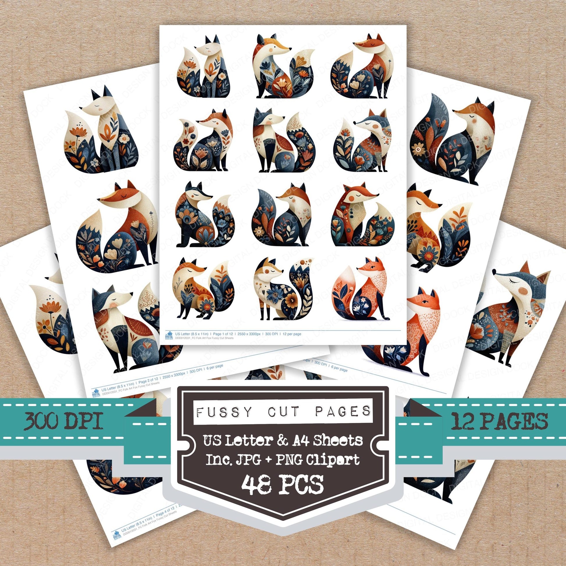 Folk Art Fox fussy cut printable sheets for junk journaling, scrapbooking, and paper craft projects