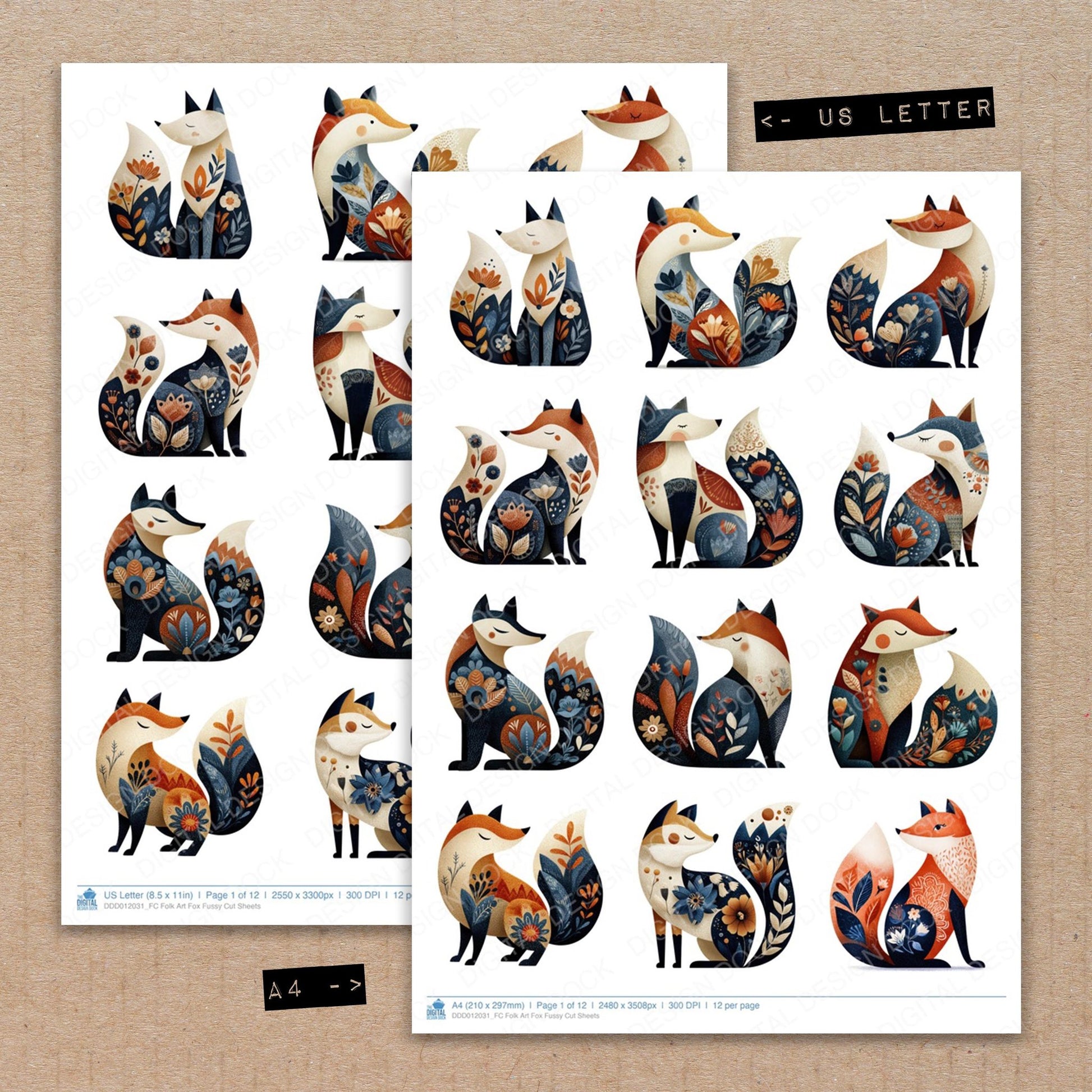 A4 and US Letter format comparison showing Folk Art Fox fussy cut pages for print and cut crafting