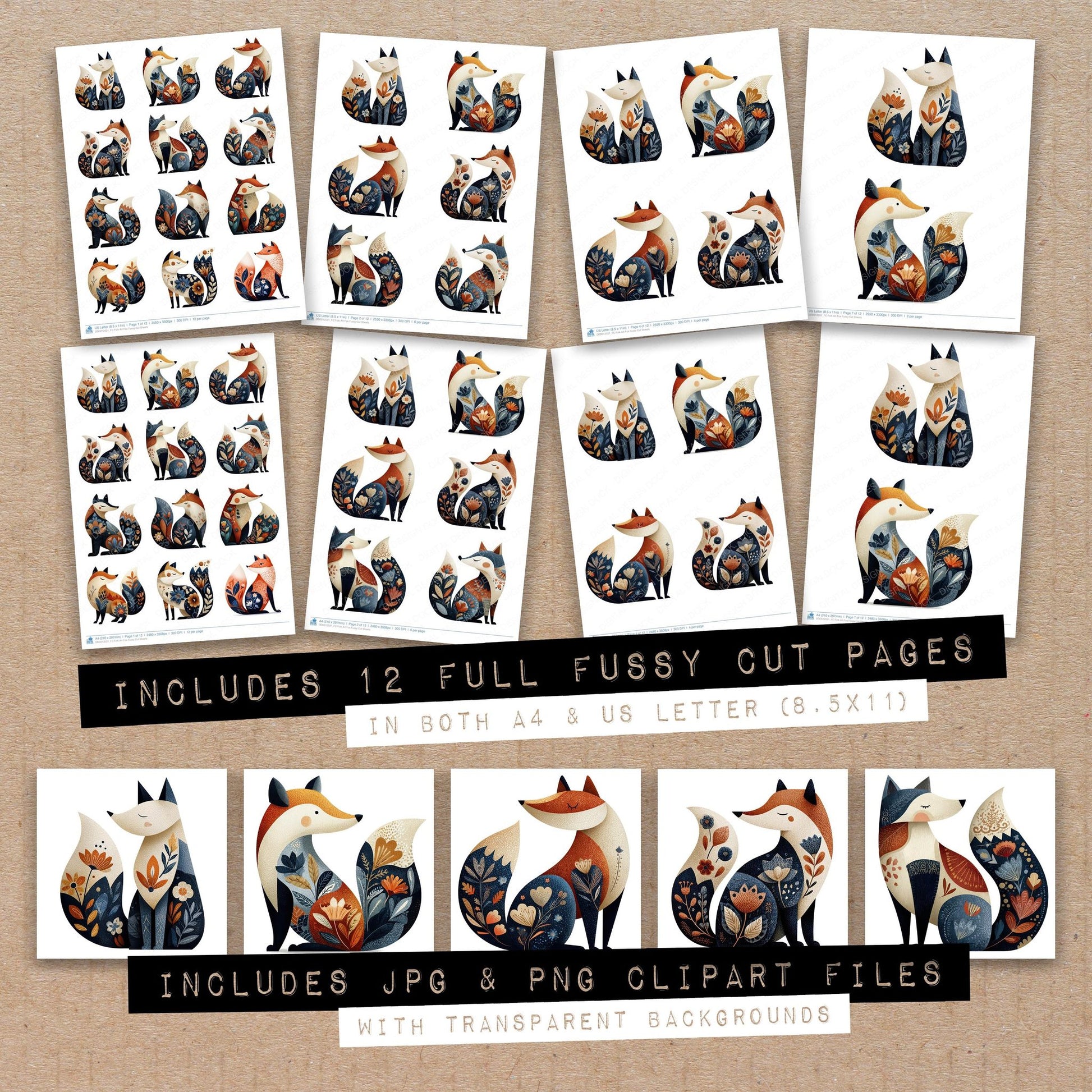 Full collection view of Folk Art Fox fussy cut sheets with bonus clipart JPG and PNG files